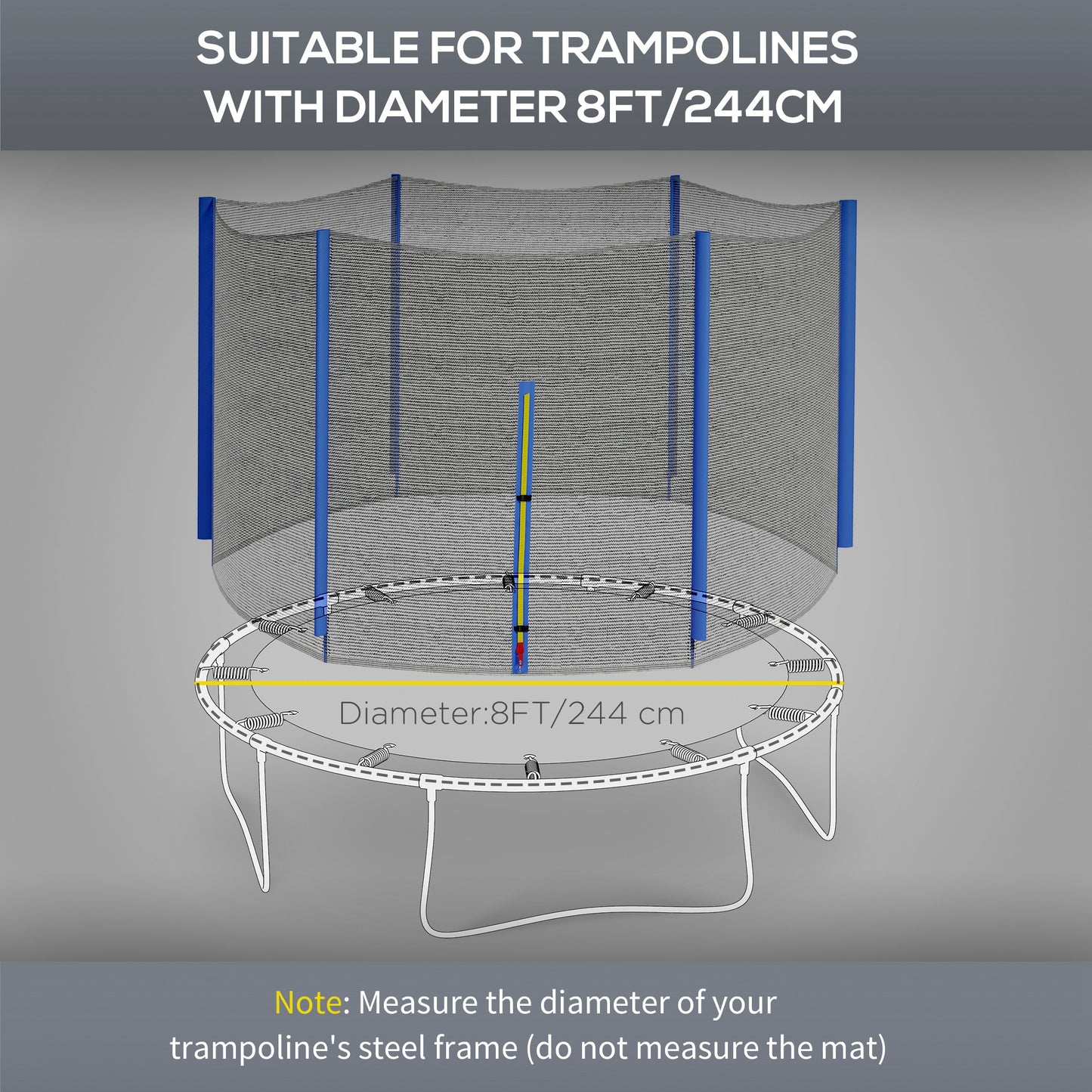 SPORTNOW 8ft Trampoline Net Replacement with 6 Plastic Pole Covers, Weather-Resistant with Zipped Entrance, Poles Not Included, Blue