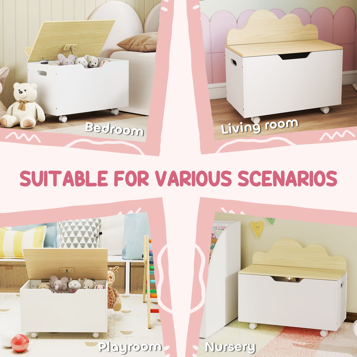 AIYAPLAY Toy Box with Lid, Toy Chest with Wheels and Safety Hinges, Toddler Storage Organiser for Playroom, Bedroom, White