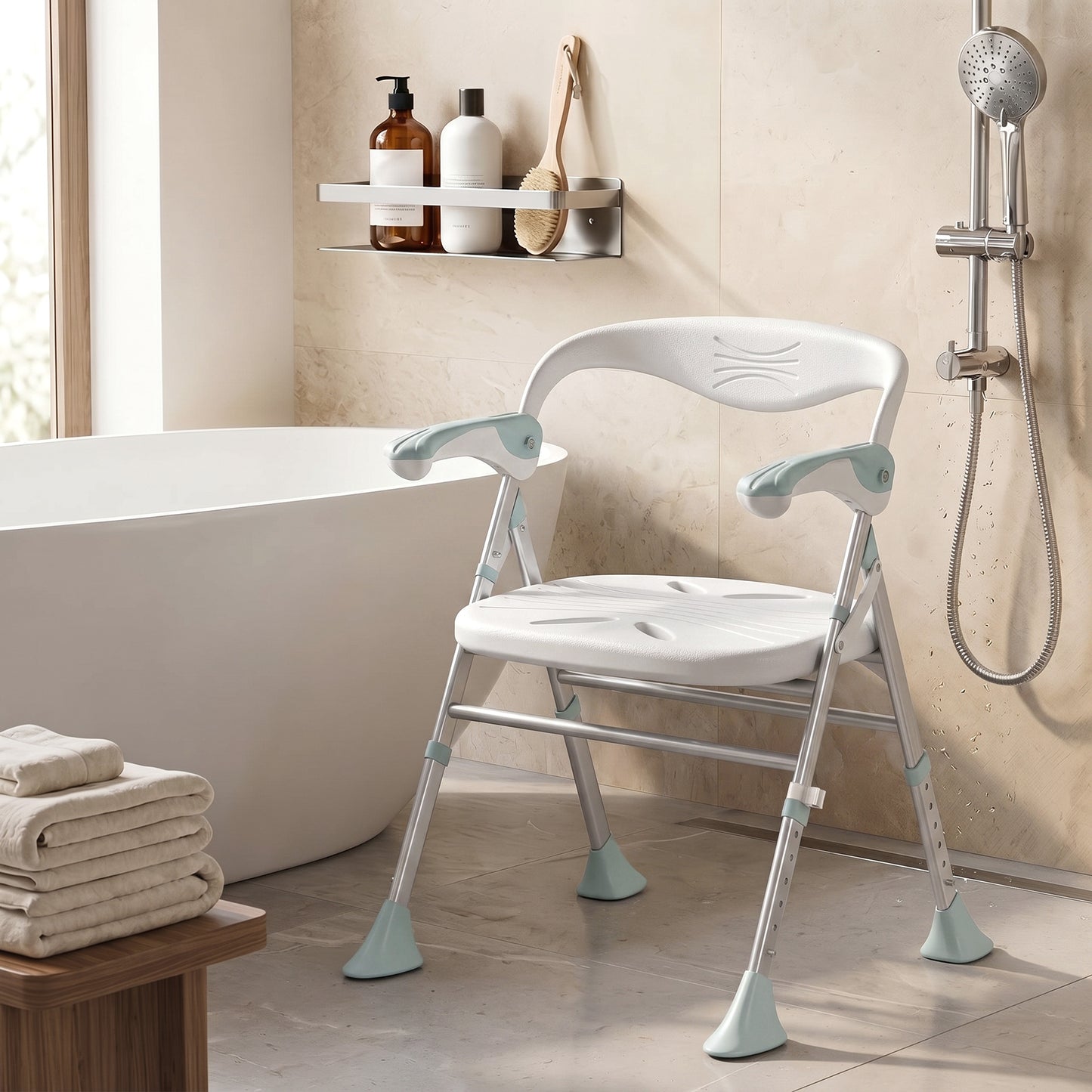 HOMCOM Foldable Shower Chair with Flip-Up Armrests, Shower Stool with Adjustable Height, Tool-Free Assembly, 136 kg