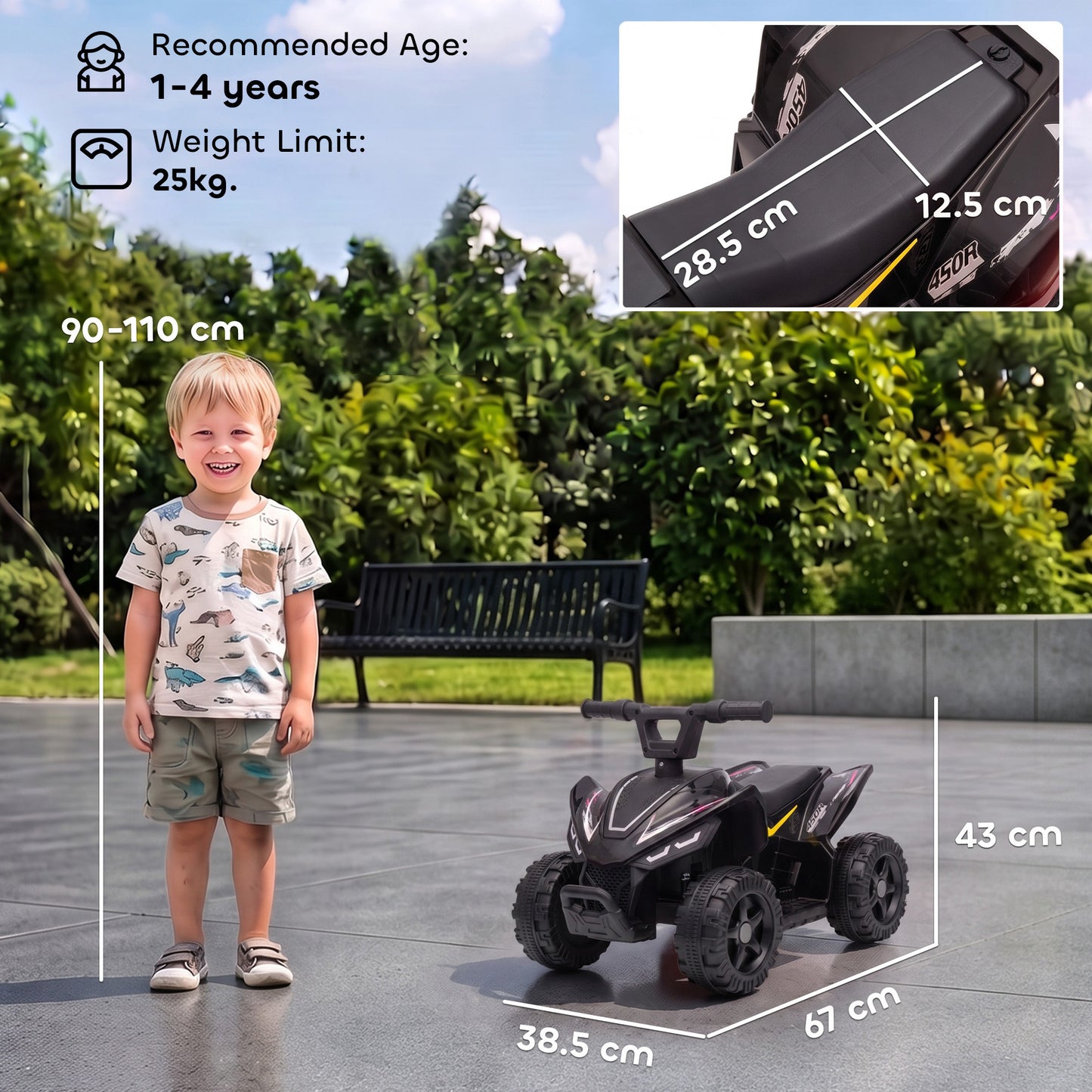 AIYAPLAY 6V Battery Powered Kids ATV, Quad Bike w/ Handlebar Button Control, Max 1.2MPH, Max 55lbs Load, for 18-48 Months, Black