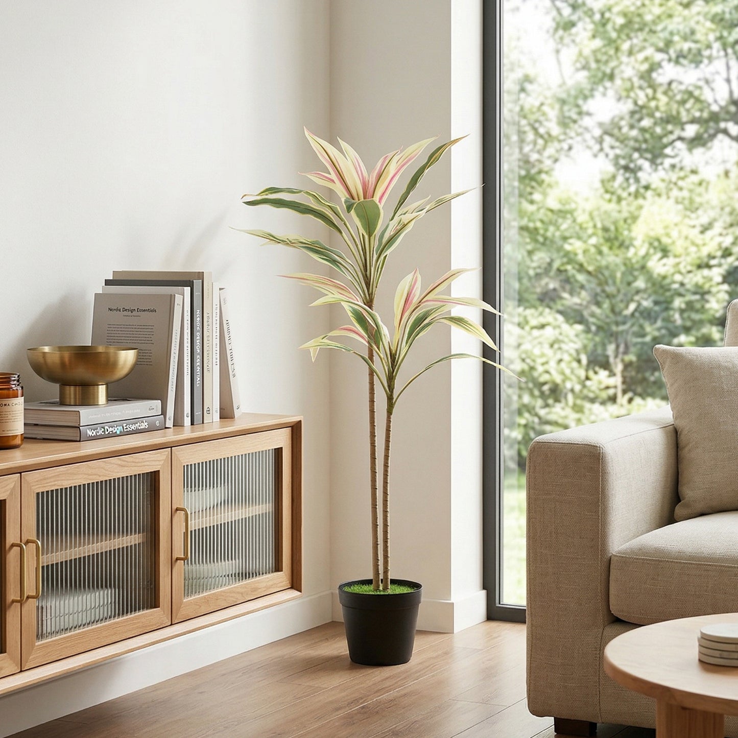 HOMCOM 90 cm Artificial Cordyline Tree in Moss Effect Pot, Realistic PEVA Faux Plant, Yellow
