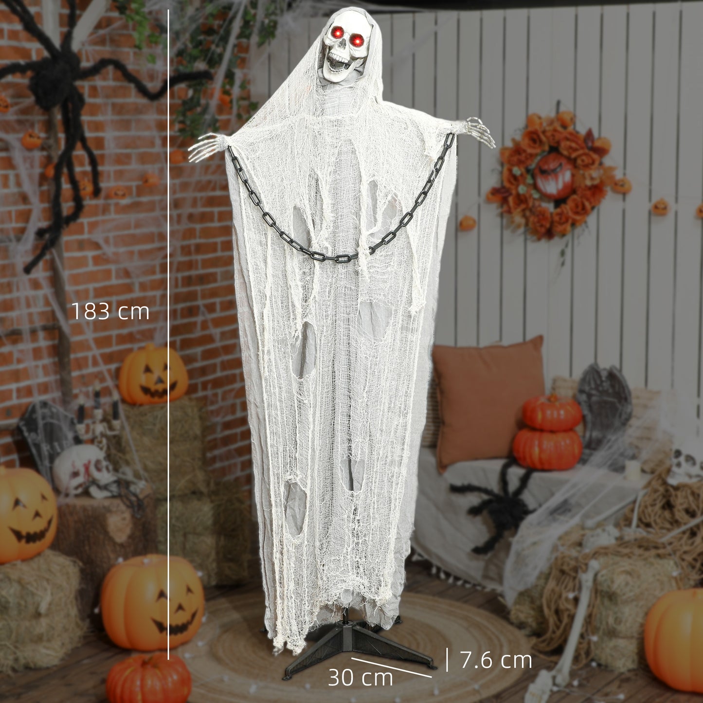 Outsunny 183 cm Life Size Animated Skeleton Grim Reaper with Glowing LED Eyes, Scary Halloween Decorations, Battery Operated, Indoor Props
