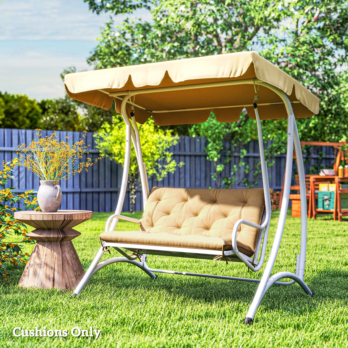 Outsunny 2 Seater Bench Pad, Garden Chair Cushion with Back and Ties for Indoor and Outdoor Use, 98 x 100 cm, Khaki