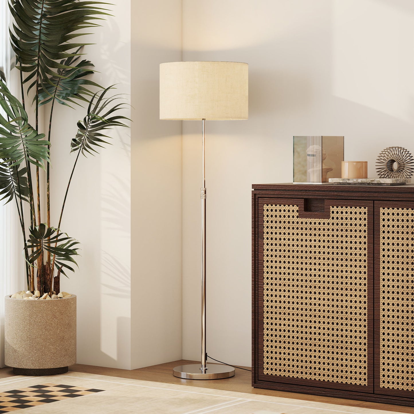 HOMCOM Floor Lamp with Remote, Height Adjustable, Linen Shade, Dimmable 3000K-6000K, Foot Switch for Living Room/Bedroom/Office, Silver Tone