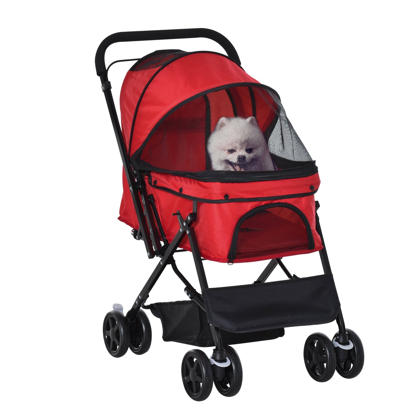 PawHut Pet Stroller Foldable Travel Dog Cat Carriage w/ Reversible Handle Brake Basket