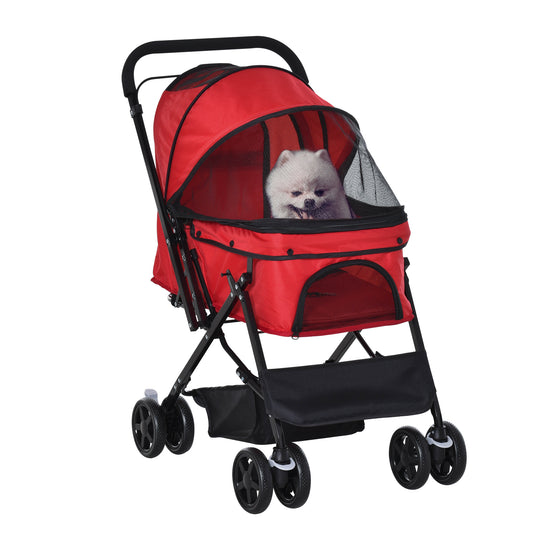 PawHut Pet Stroller Foldable Travel Dog Cat Carriage w/ Reversible Handle Brake Basket