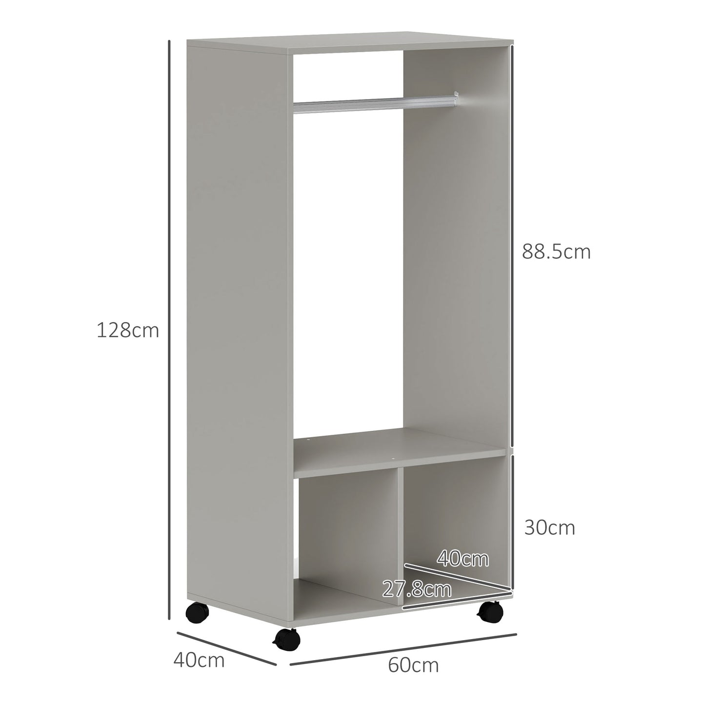 HOMCOM Open Wardrobe for Bedroom, Small Wardrobe on Wheels with Clothes Rail