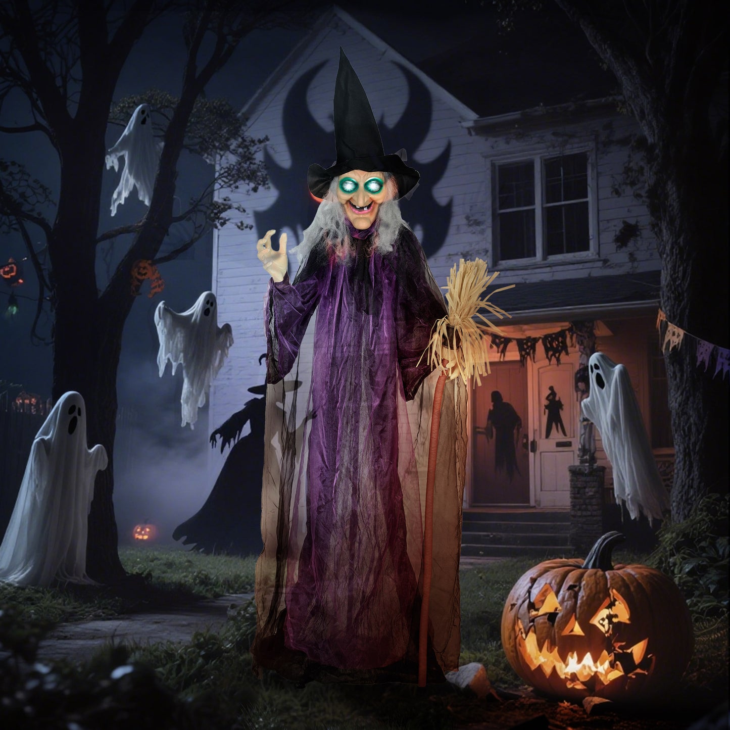 Outsunny 183cm Life Size Halloween Animated Witch & Broomstick with Glowing LED Eyes, Battery Operated Indoor Party Props, Spooky Halloween Decor