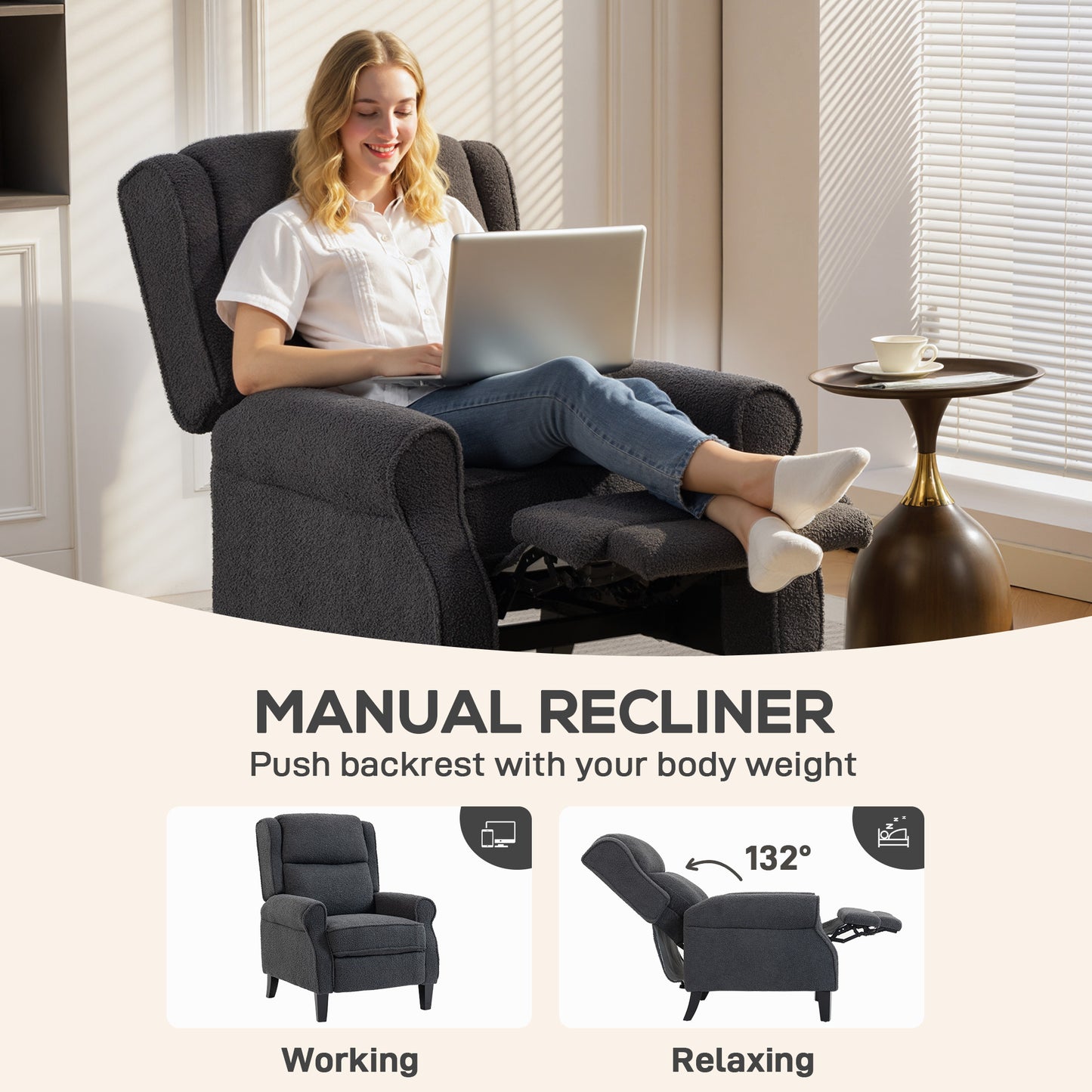 HOMCOM Recliner Armchair with Extended Leg Rest - Charcoal Grey