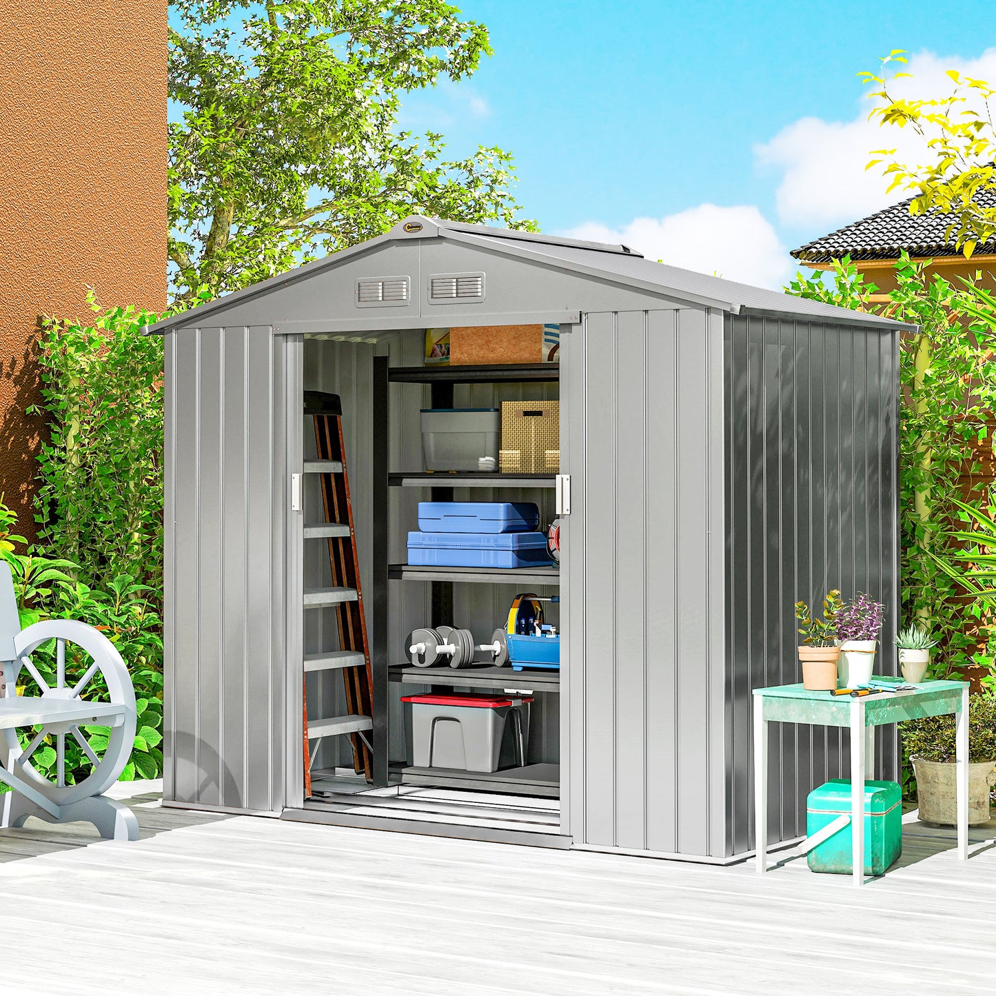 Outsunny 7 x 4ft Lockable Metal Garden Tool Storage Shed Storage - Grey
