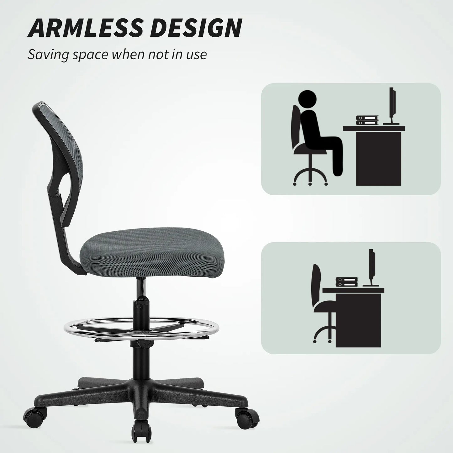 Vinsetto Ergonomic Mesh Standing Desk Chair with Adjustable Footrest Ring and Seat Height Charcoal Grey