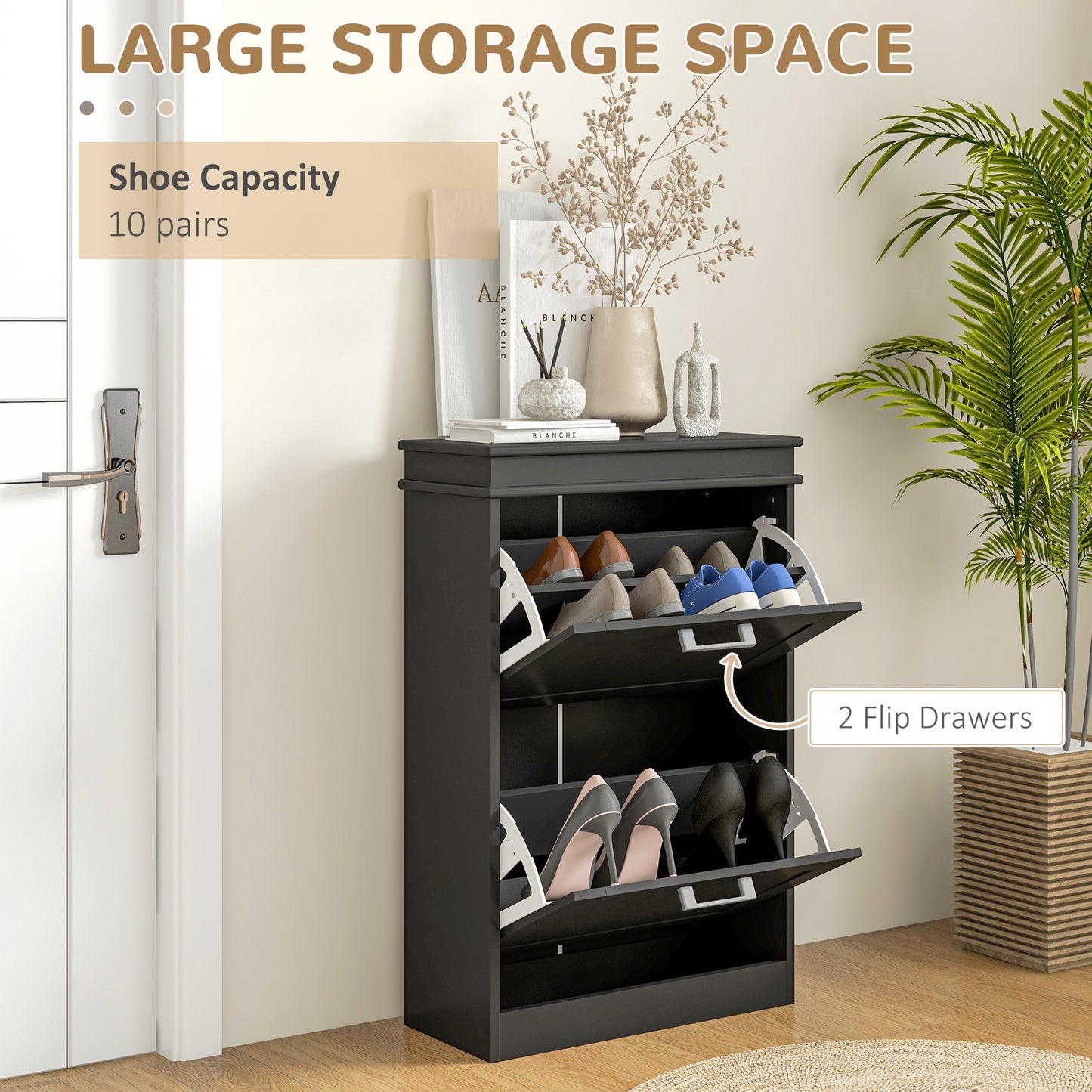 HOMCOM Two-Drawer Minimalistic Shoe Storage Cabinet, for 10 Shoes, Black