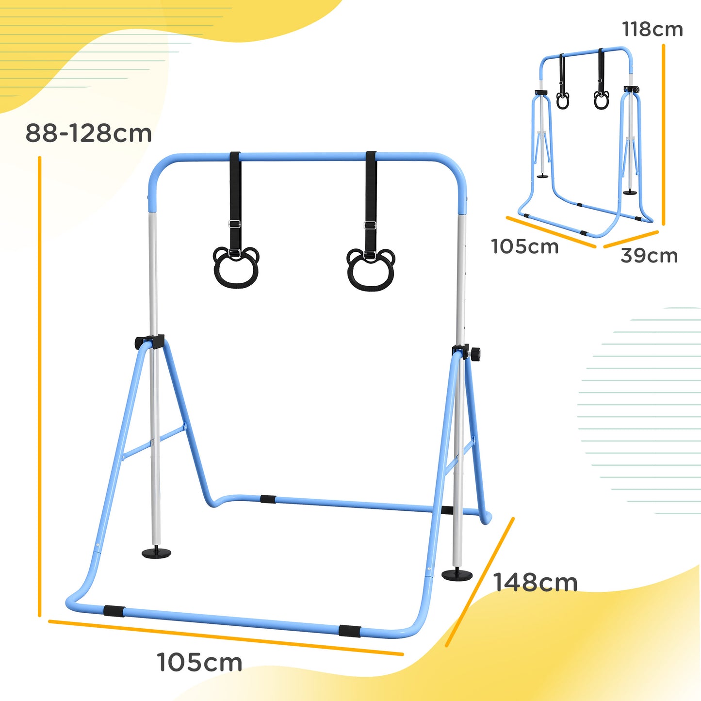 HOMCOM Adjustable Height, Foldable Kids Gymnastics Bar w/ Non-Slip Mats, for 3+ Years, Blue