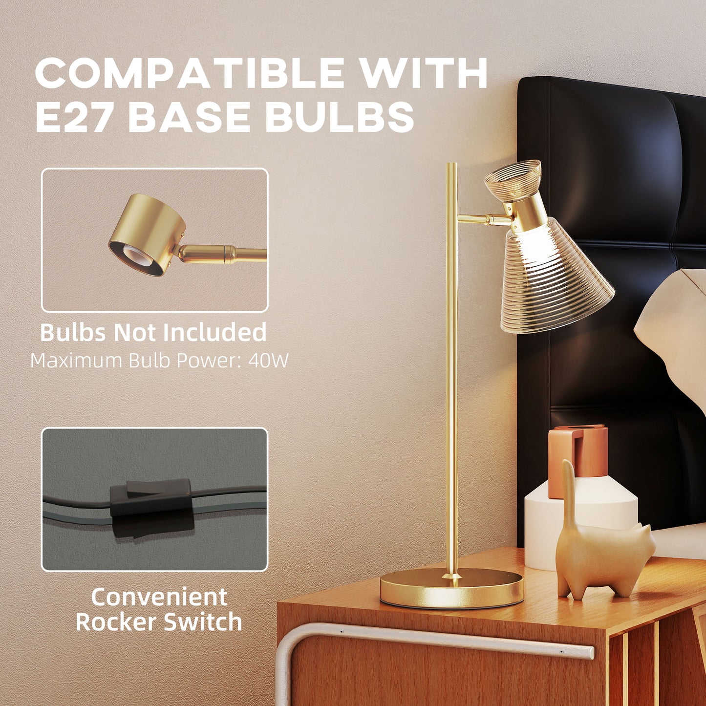 HOMCOM Modern Table Lamp, Adjustable Flower-Shaped Head, E27 Socket for Living Room Bedroom Study, Bulb Not Included, Gold Tone