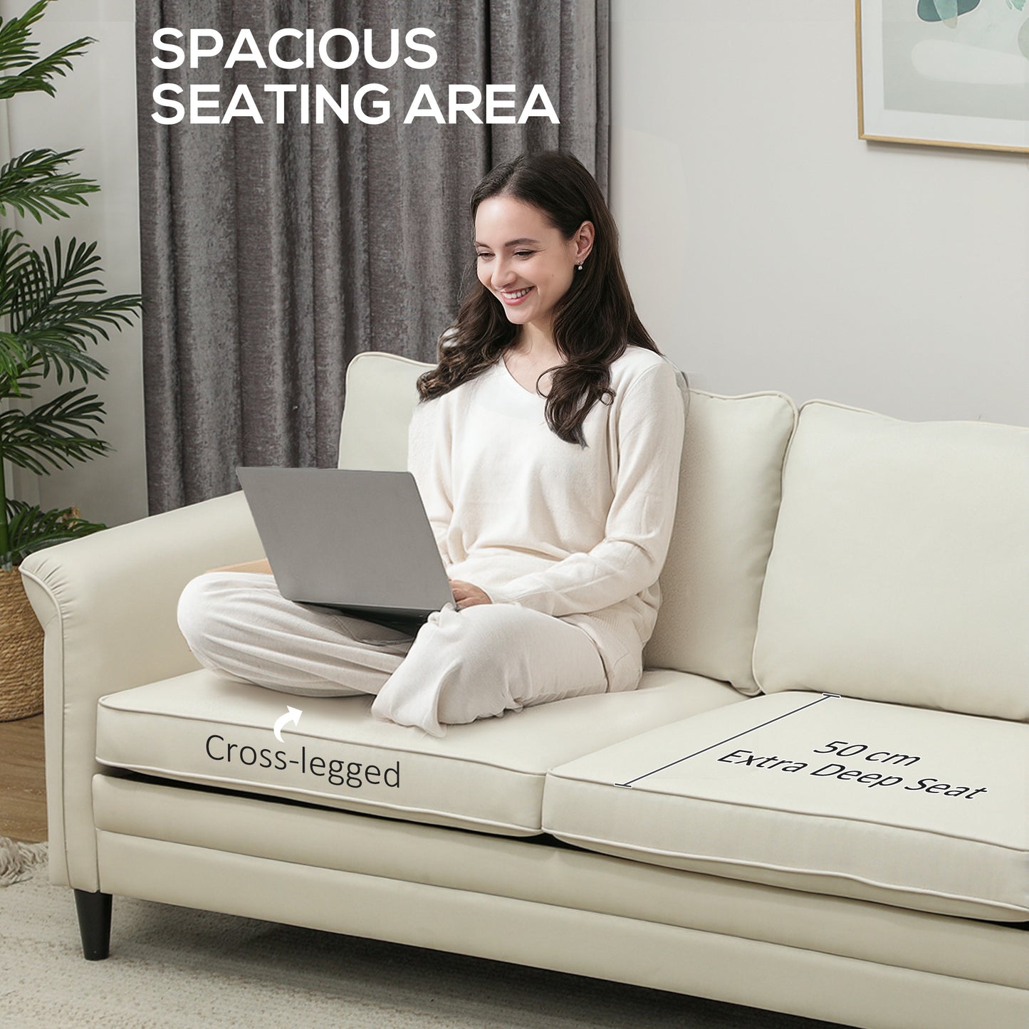 HOMCOM 3 Seater Sofa, Modern Fabric Couch with Spring Cushion, Rubber Wood Legs, 191cm for Living Room, Bedroom, Home Office, Cream White