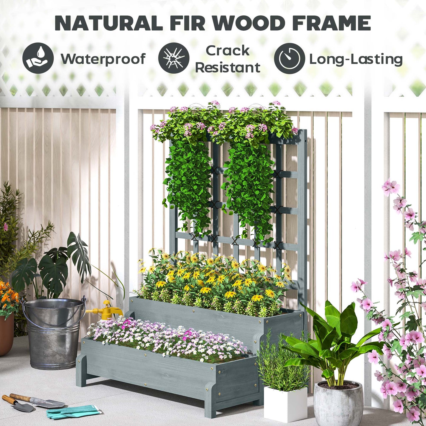 Outsunny Raised Garden Bed with Trellis, Wooden Elevated Planter Box, Drainage Holes, for Plants, Fruits, Vegetables, Flowers, Grey
