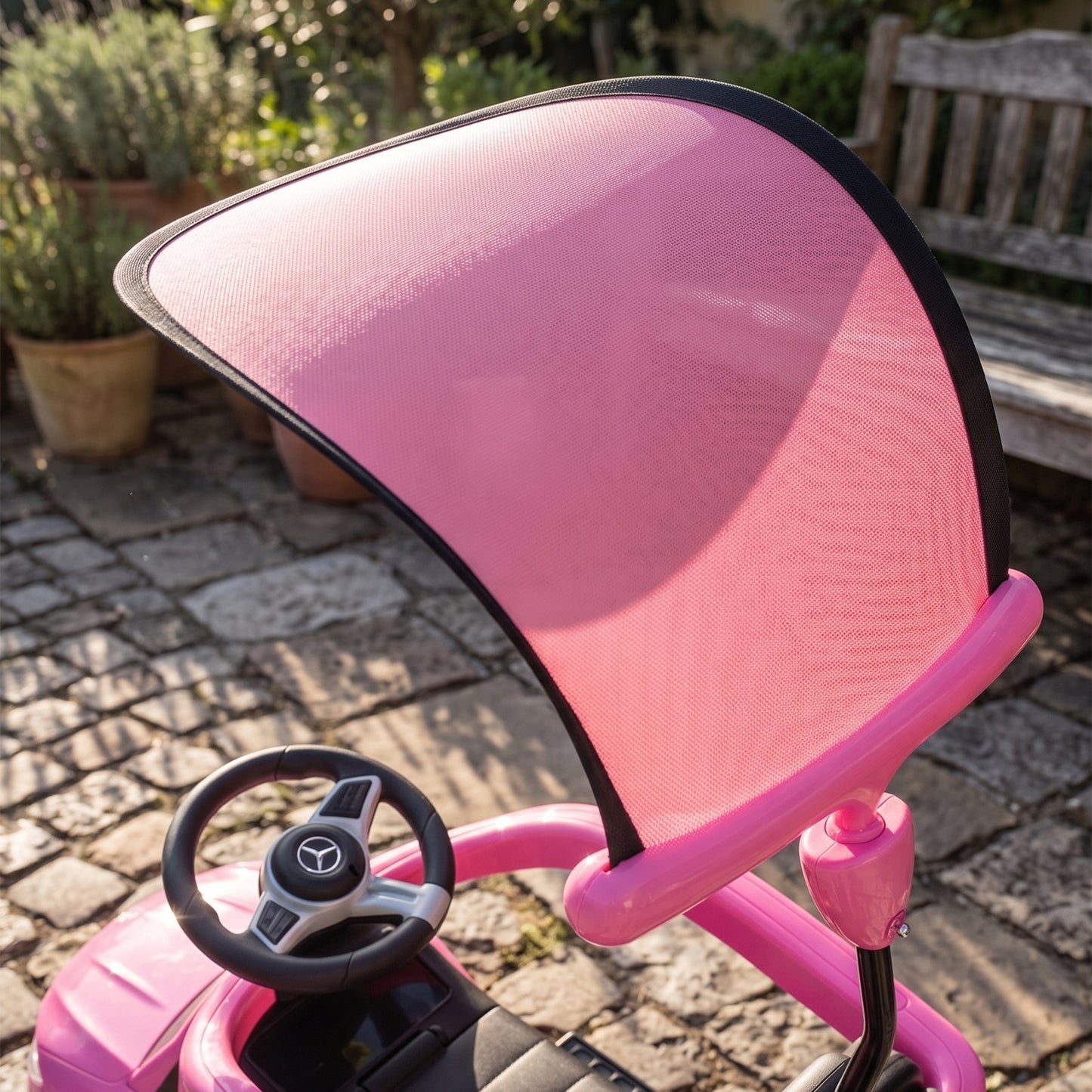 AIYAPLAY 4 in 1 Licensed Benz Ride on Push Car with Handle, Canopy, Guardrails, Horn, Music, Storage for 12-36 Months, Pink