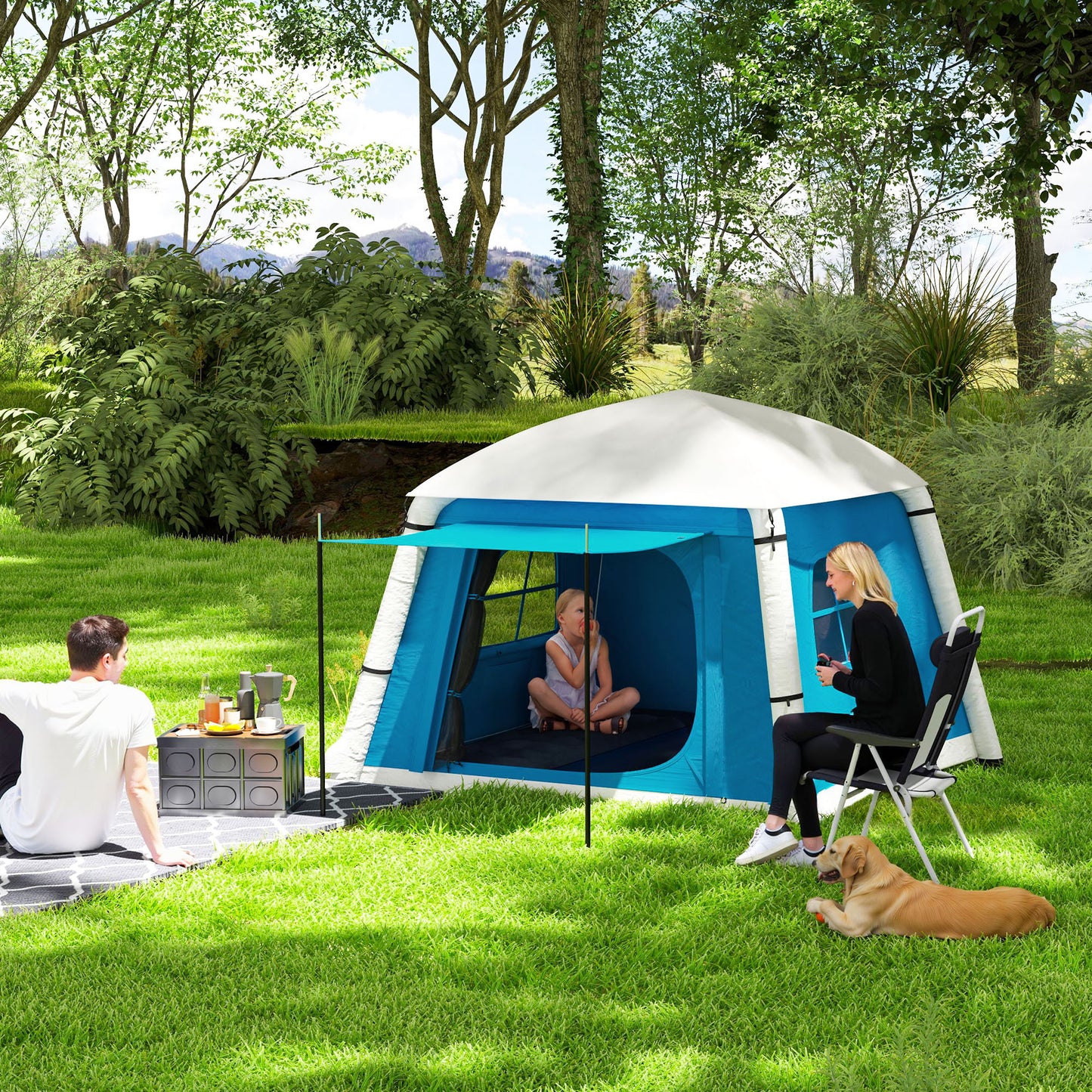 Outsunny Inflatable Camping Tent with Hand Pump, Easy Setup for 1/2 Person, Waterproof and Windproof with Carry Bag, Light Blue/Grey