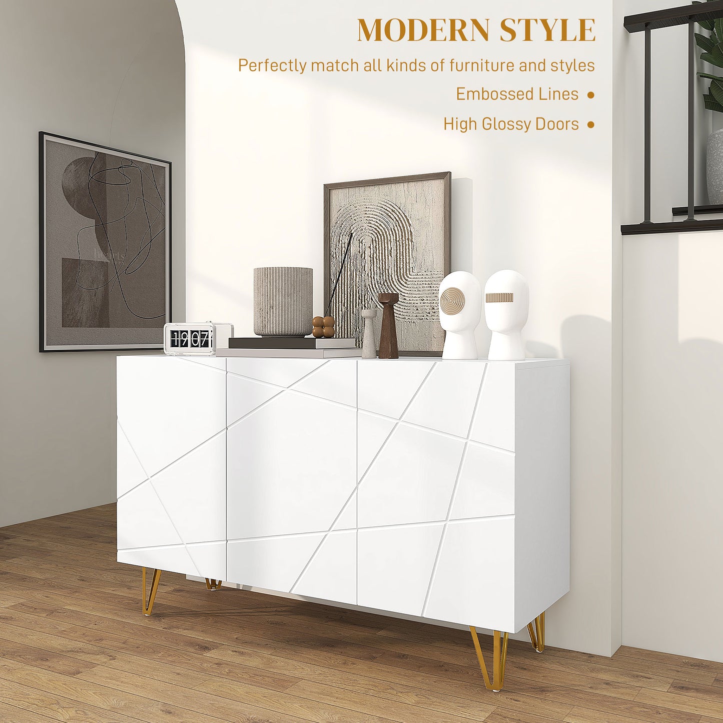 HOMCOM Modern Luxe High Gloss Sideboard, with Hairpin Legs - White