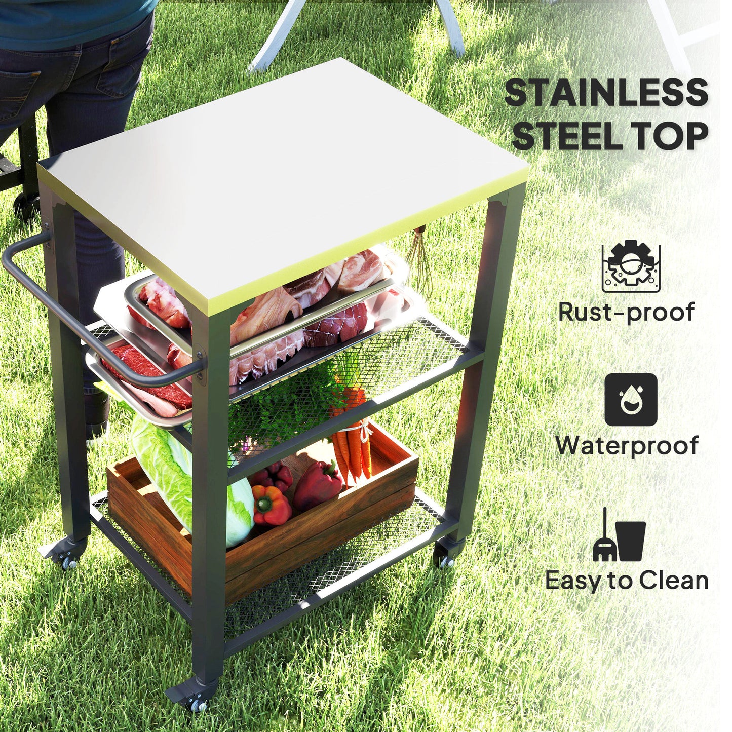 Outsunny: Three-Shelf Outdoor Grill Cart with Stainless Steel Top, 4 Wheels, Hooks, for Kitchen/Garden