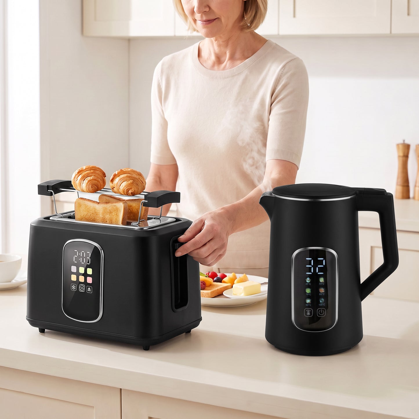 HOMCOM Kettle and Toaster Set with LED Touch Screen, Kettle with Strix Thermostat, 2 Slice Toaster w/ 6 Browning Levels, Black
