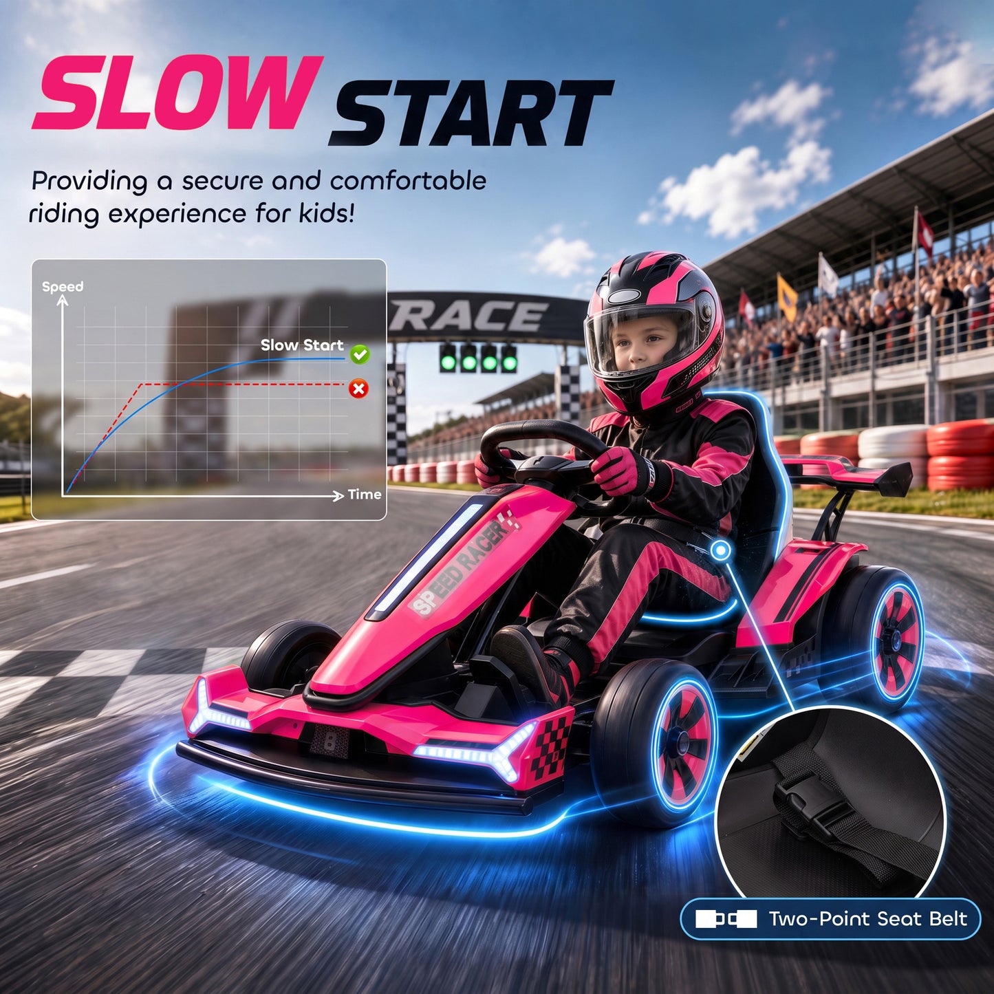AIYAPLAY 24V Electric Go Kart for Kids 6-12 Years with Drift Mode, Adjustable Seat, 3 Speed, Slow Start, Pink