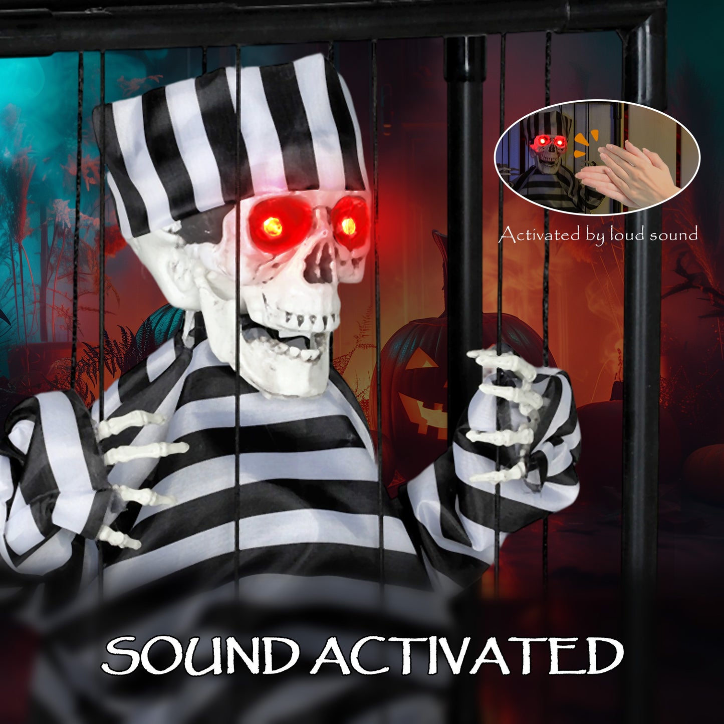 Outsunny Halloween Animated Skeleton Prisoner with LED Eyes, Scary Halloween Decor, Battery Operated Indoor Party Prop, in Cage - Spooky Skeleton