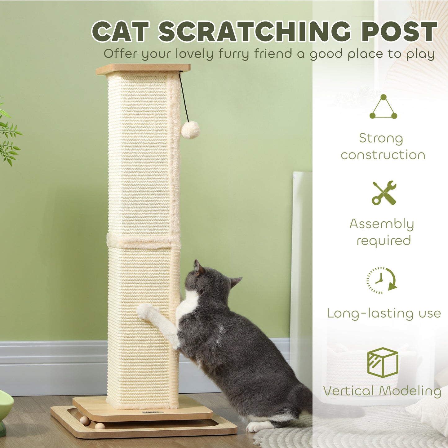 PawHut 3 in 1 Cat Scratching Post, 87cm Cat Scratcher w/ Track Ball Toy, Oak