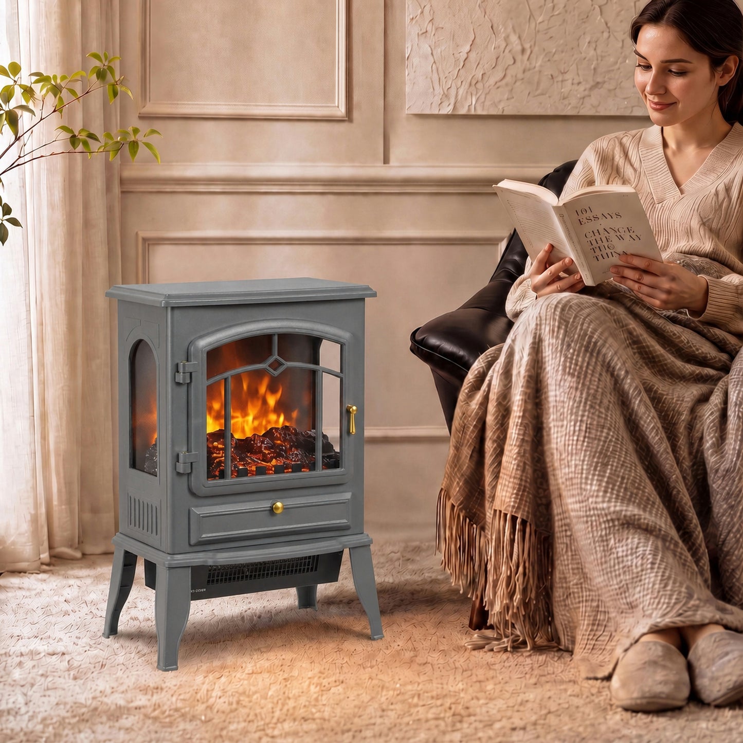 HOMCOM Electric Fireplace Stove, 1000/2000W 3-Sided Freestanding Fireplace Heater with 3D Flame Log, Thermostat, Grey