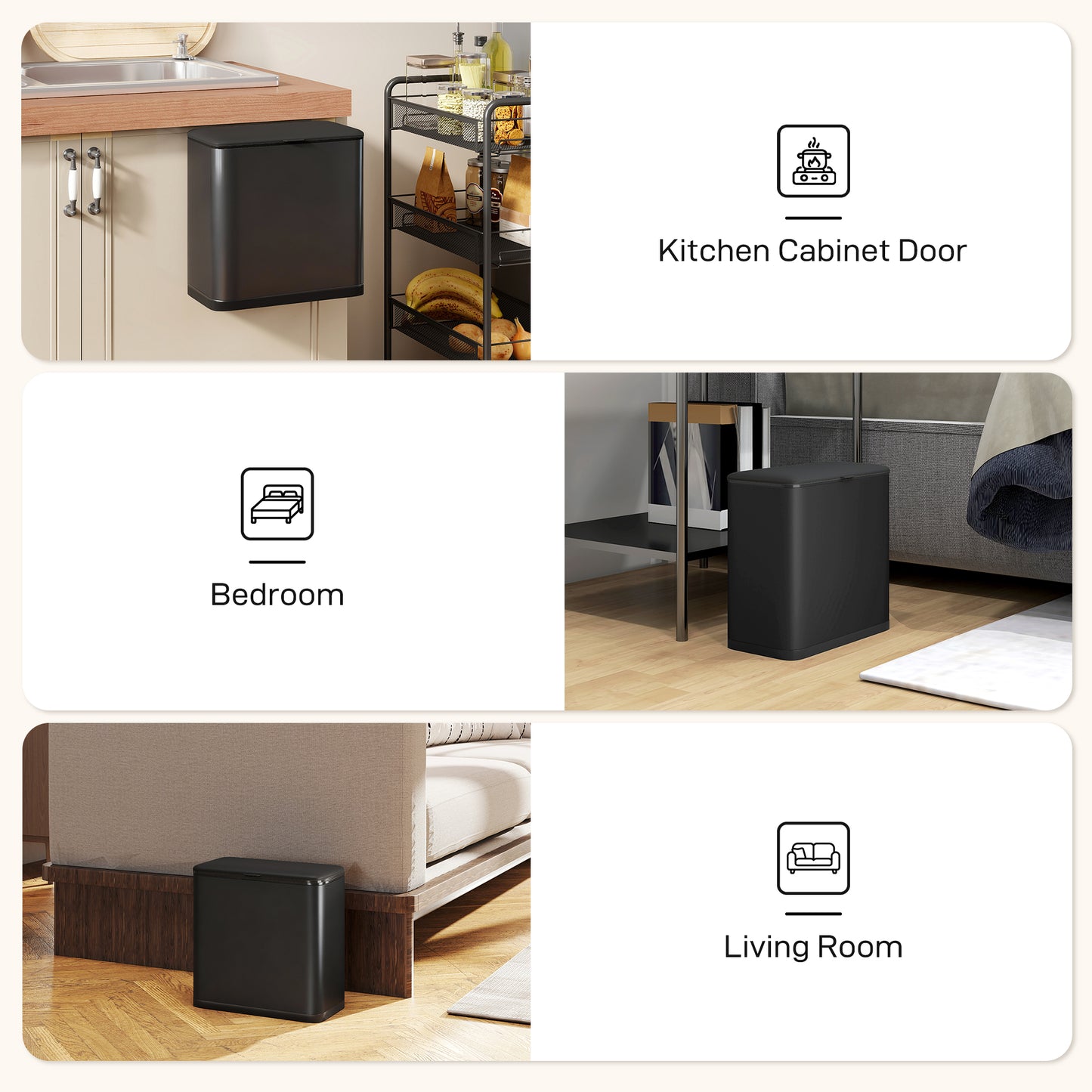 HOMCOM 8L Hanging Kitchen Bin, Rubbish bin with Lid and Removable Inner Bucket for Kitchen Cabinet Door, Under Sink, Black