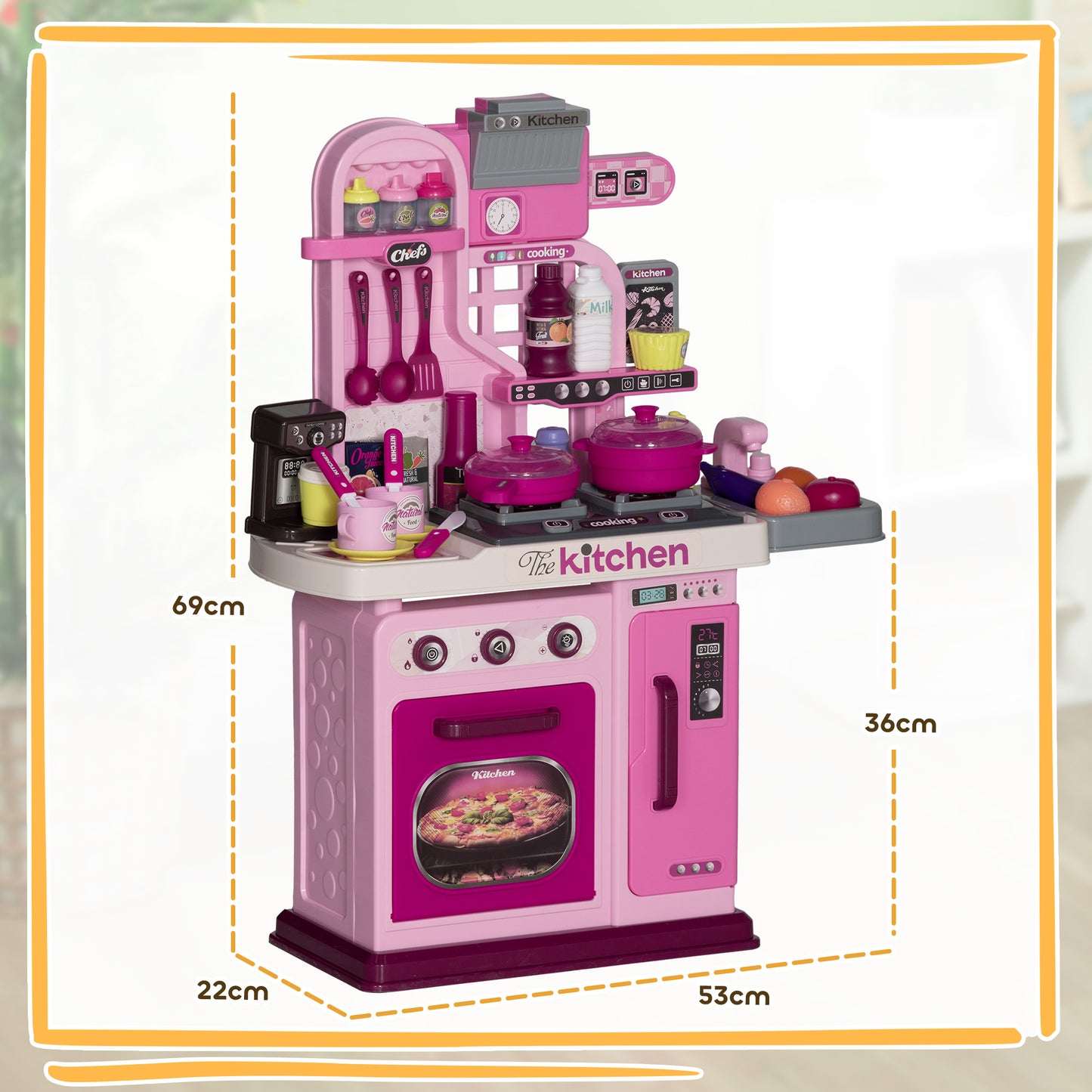AIYAPLAY Kids Kitchen with 33 Piece Accessories, Lights, Sounds, Storage, for Children 3-6 Years, Pink