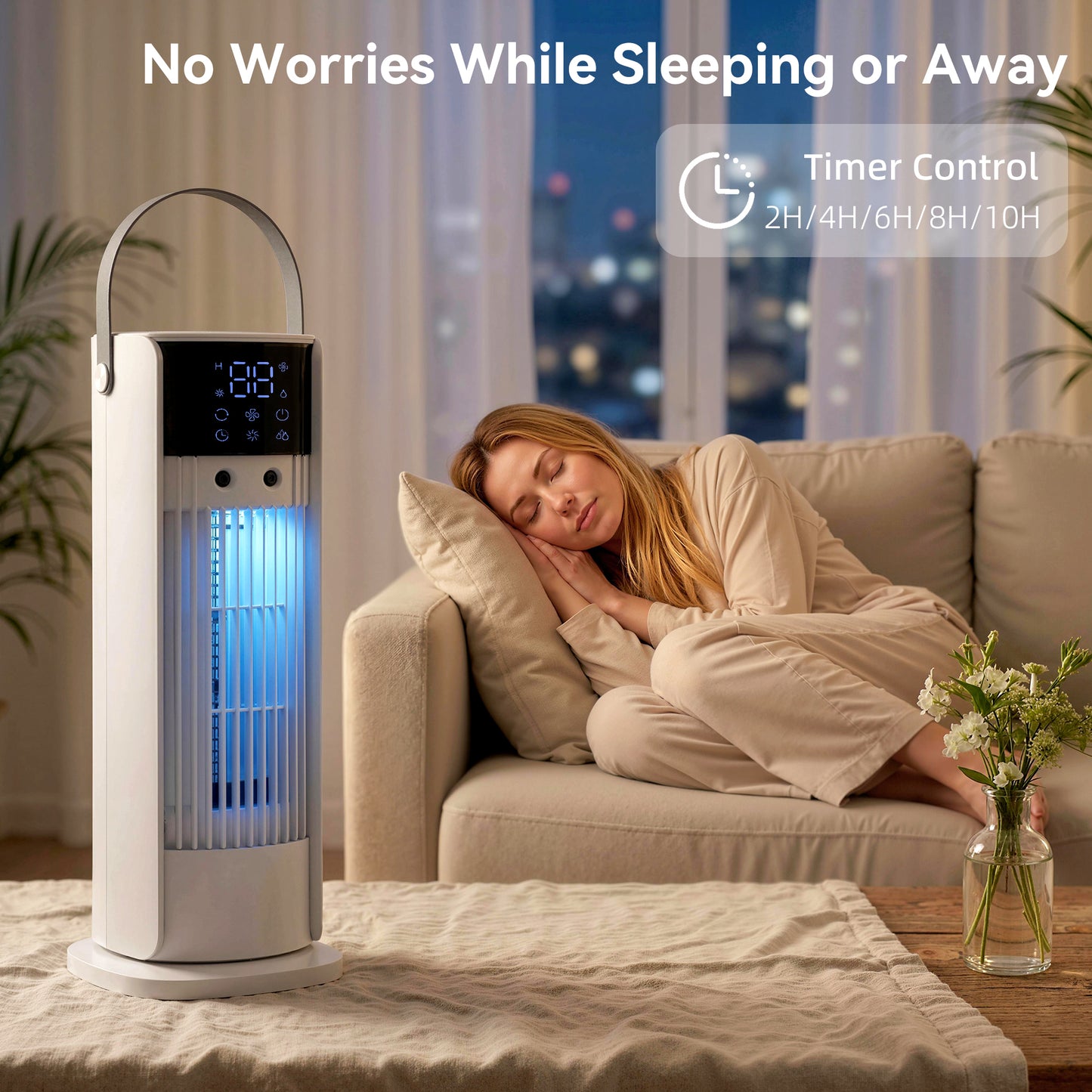 HOMCOM Tower Fan for Bedroom, 16 Inch Mist Desktop Fan with RGB Lights, 3 Speeds, 90° Oscillation, 10H Timer, for Home Office