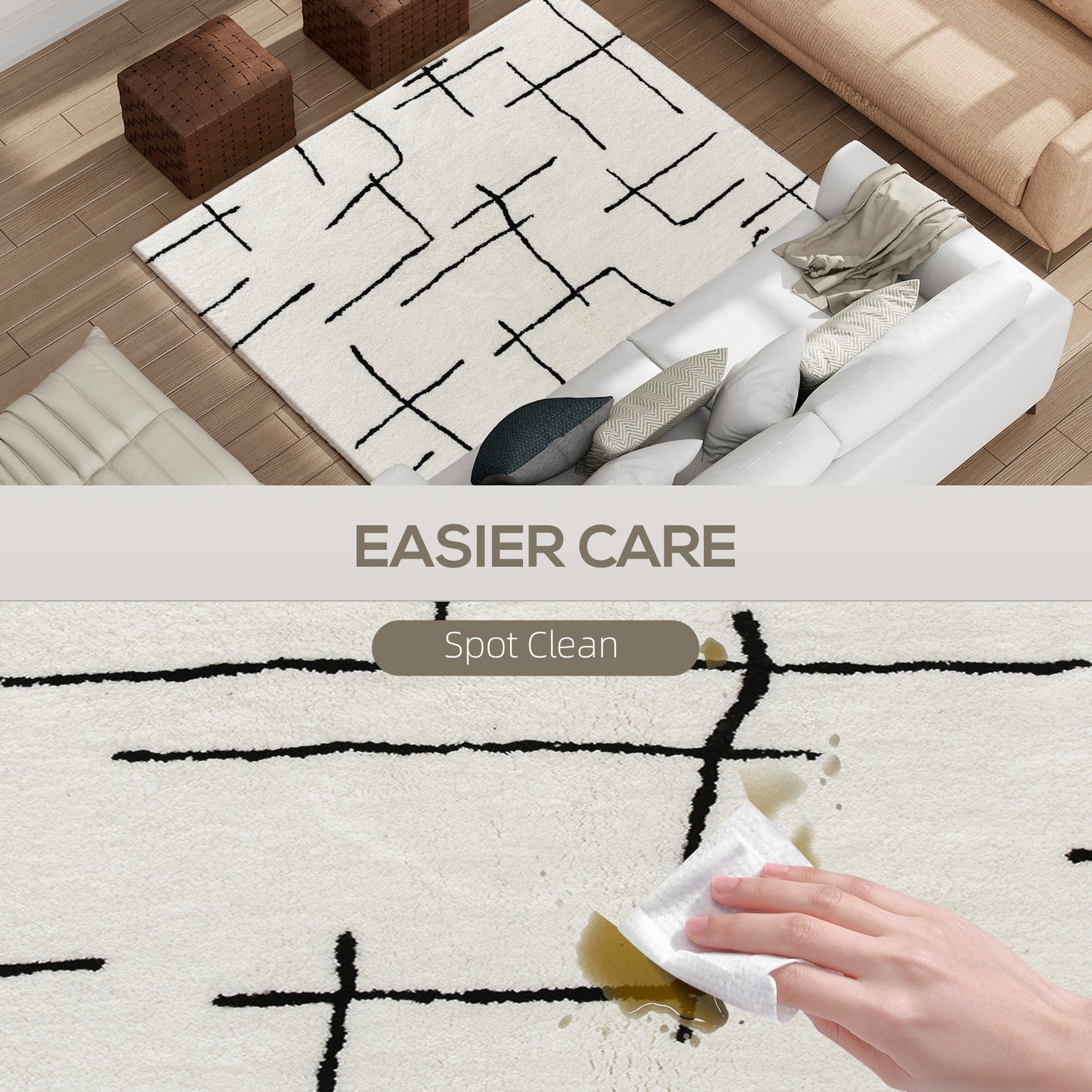 HOMCOM Fluffy Area Rug, Geometric Washable High Pile Carpet, 170x120 cm for Living Room, Bedroom, Home Office, Dining Room, Cream