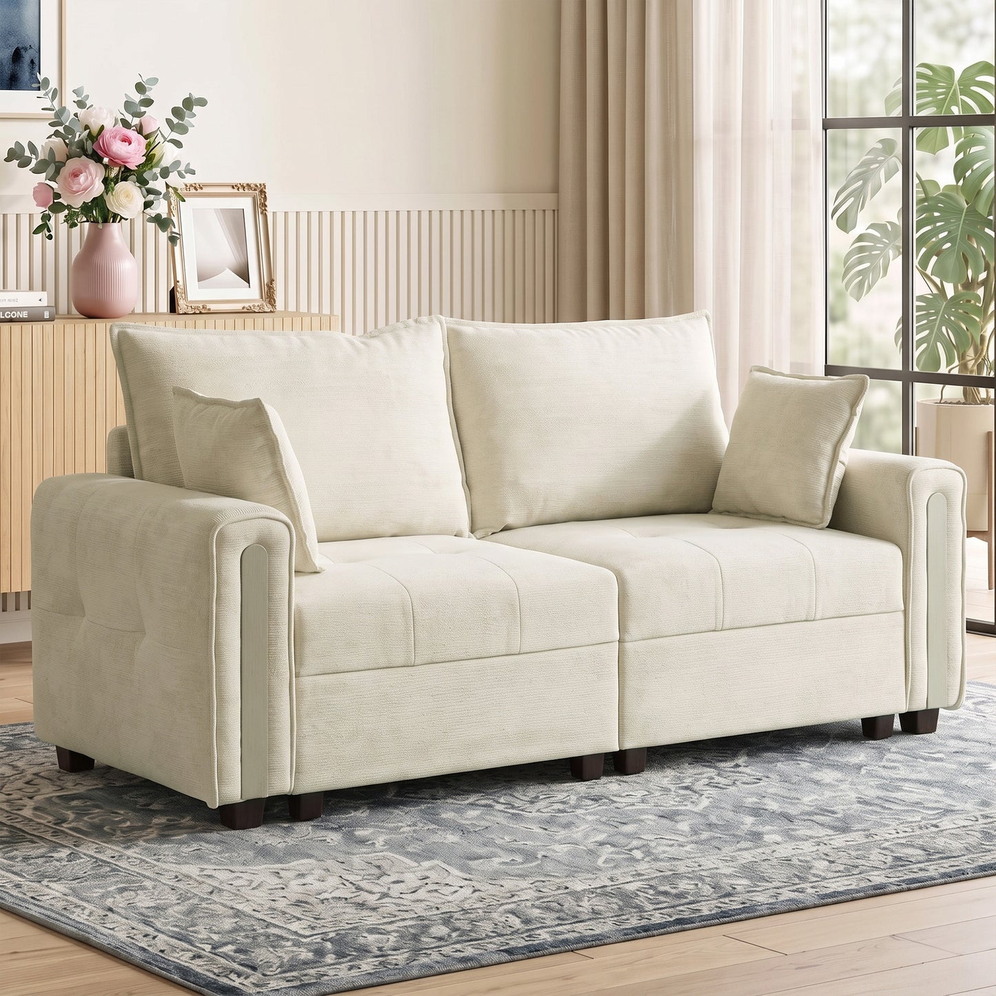 HOMCOM 2 Seater Sofa with Lift-Up Storage, 168 cm Comfy Velvet Small Couch with Wide Deep Seat Beige
