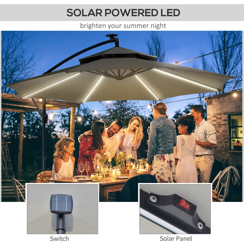 Outsunny 3m Cantilever Banana Parasol Hanging Umbrella with Double Roof, LED Solar lights, Crank, 8 Sturdy Ribs and Cross Base for Outdoor, Garden, Patio, Light Grey