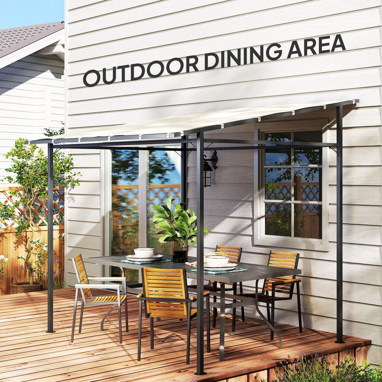 Outsunny Wall Mounted Pergola Gazebo, 2.4 x 2.4 m, Metal Frame, UPF30+ Sun Shade Shelter for Garden/Deck, Cream White