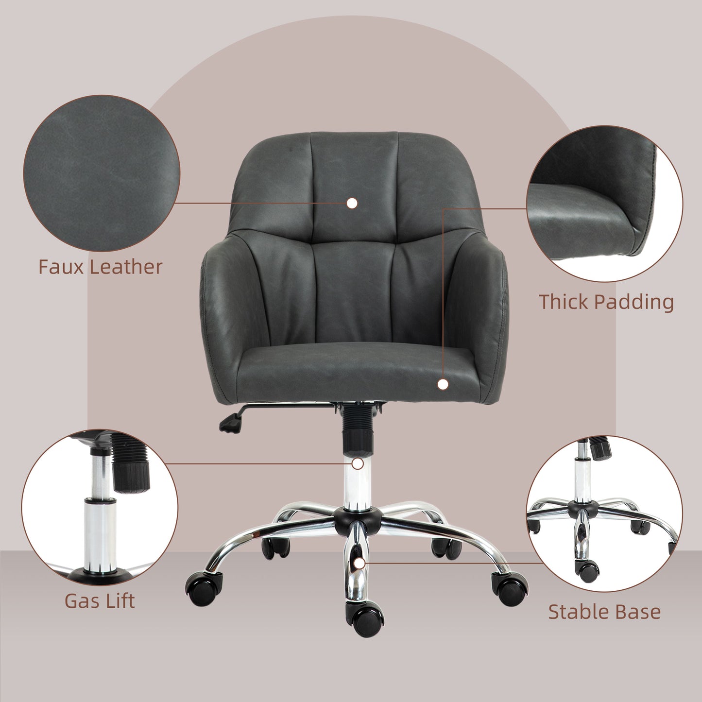 HOMCOM Computer Desk Chair, PU Leather Swivel Office Chair, Makeup Vanity Chair with Height Adjustable, Wheels, for Home Study Bedroom, Grey
