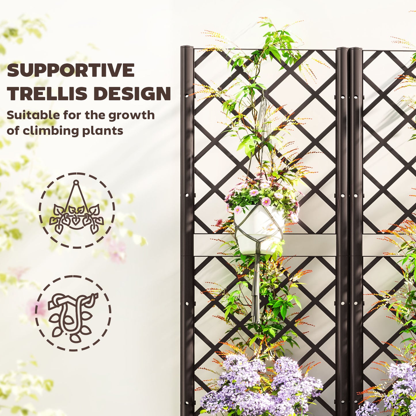 Outsunny Raised Garden Bed with Trellis, Plastic Planter Box with Drainage Holes 3 wide Brown