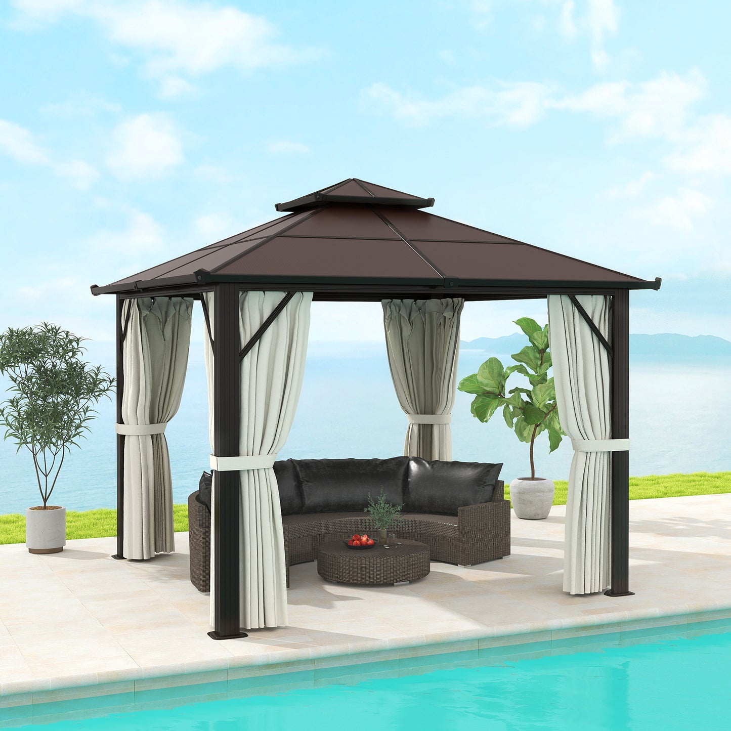 Outsunny Hardtop Gazebo, 3x3m, UPF30+ Polycarbonate Roof, Aluminum Frame, Mosquito Netting & Curtains for Patio/Deck, Beige