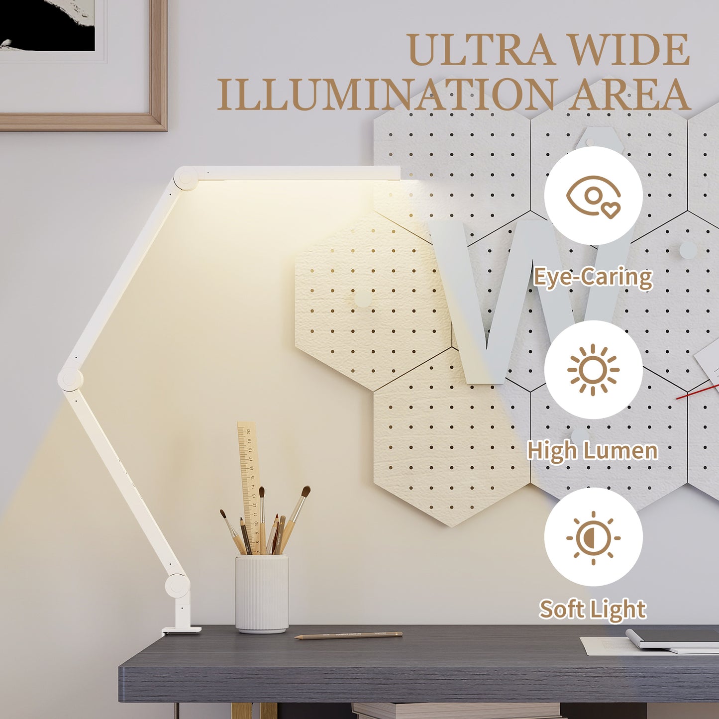 HOMCOM LED Desk Lamp, Dimmable with Swing Arm & Clamp, Adjustable Eye-Caring Light, 2 Colors & 5 Brightness Levels for Office, Study, Task, White