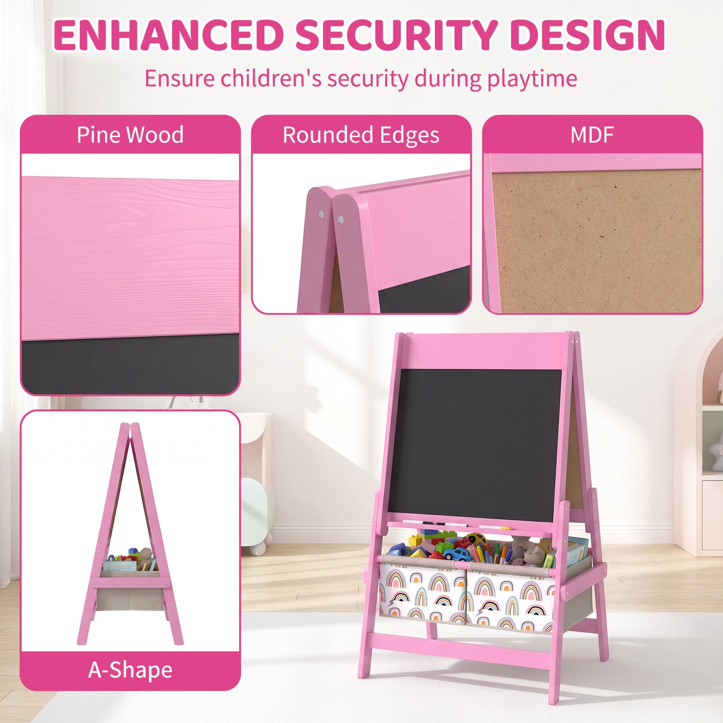 AIYAPLAY Art Easel for Kids, 3-in-1 Kids Easel with Chalkboard, Whiteboard, Paper Roll, Storage, Under-Board Shelf for 3-8, Pink