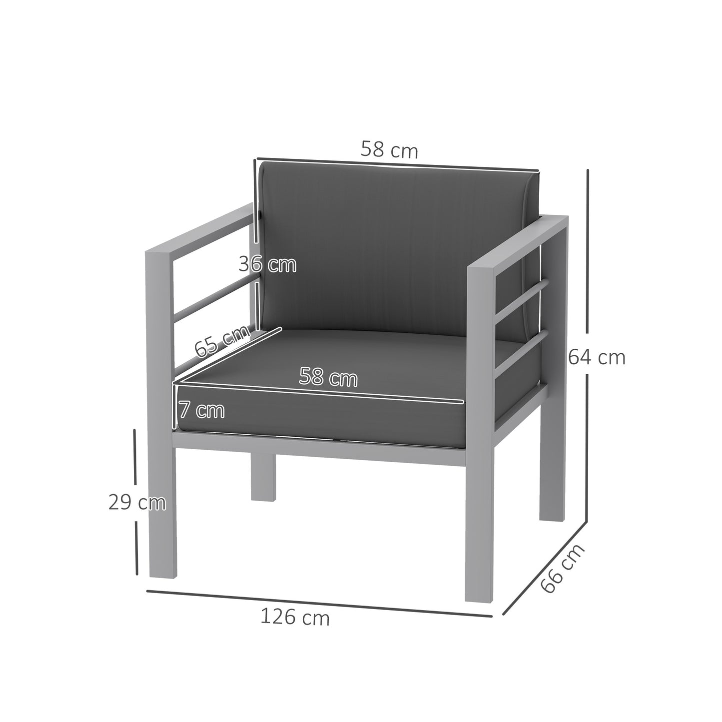 Outsunny Patio Furniture Aluminium Armchair, All-Weather Outdoor Single Sofa with Cushions, Metal Frame for Garden/Balcony, Charcoal Grey