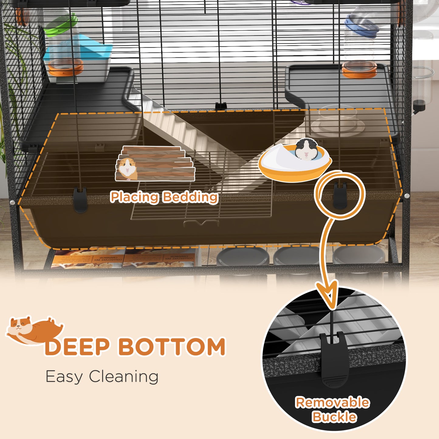 PawHut Large Hamster Cage Gerbil Cage with Tubes Storage Shelf Ramps Platforms Running Wheel - Black