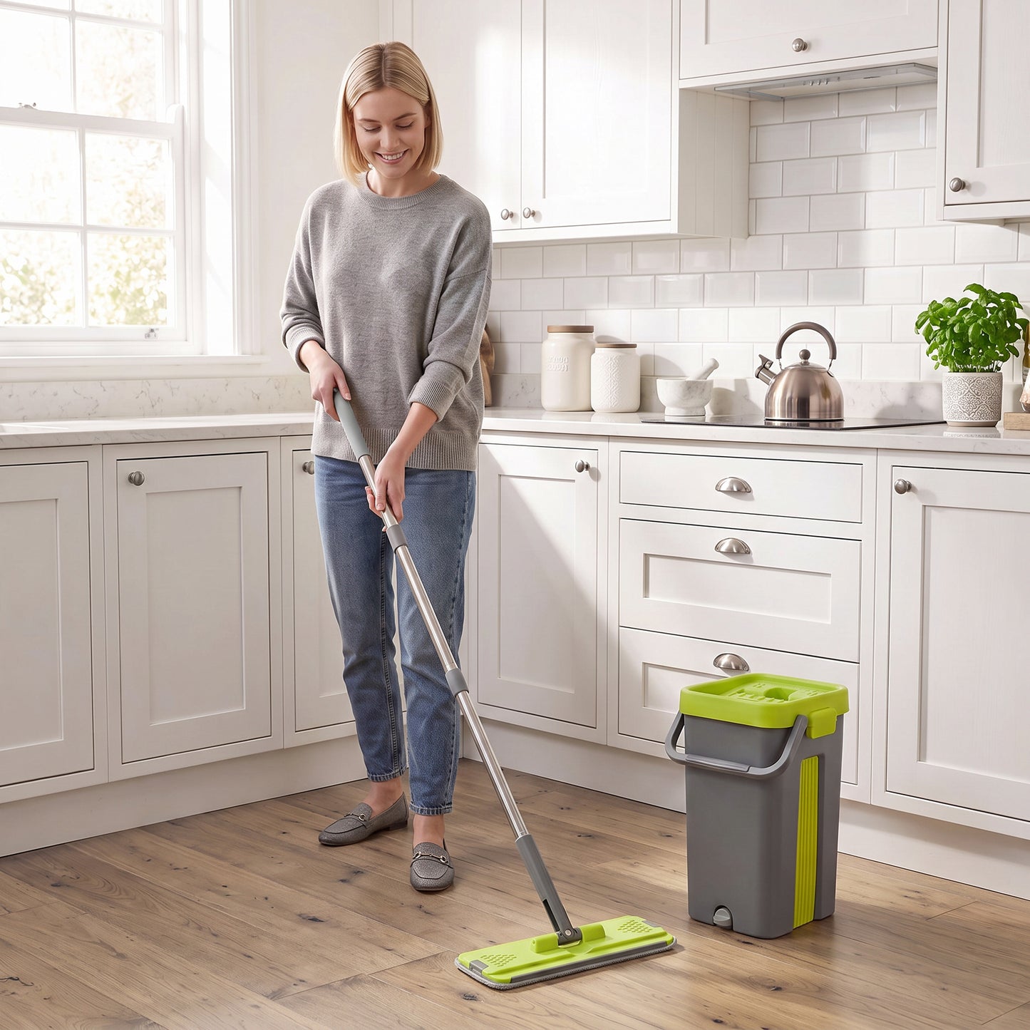 HOMCOM Mop and Bucket Set, Compact Flat Mop System with Wringer, 2 Chambers, 5 Reusable Pads, Dark Grey and Green