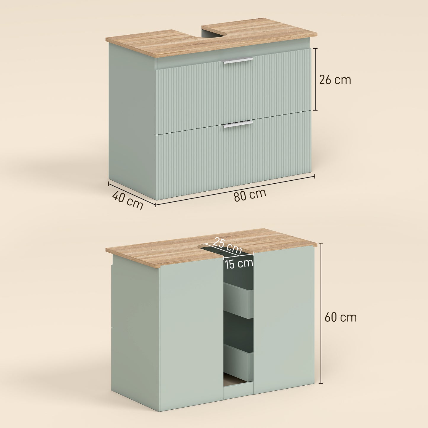 HOMCOM Under Sink Cabinet with 2 Drawers, Under Sink Bathroom Cabinet for Sink with or without Pedestal, Green and Natural Wood