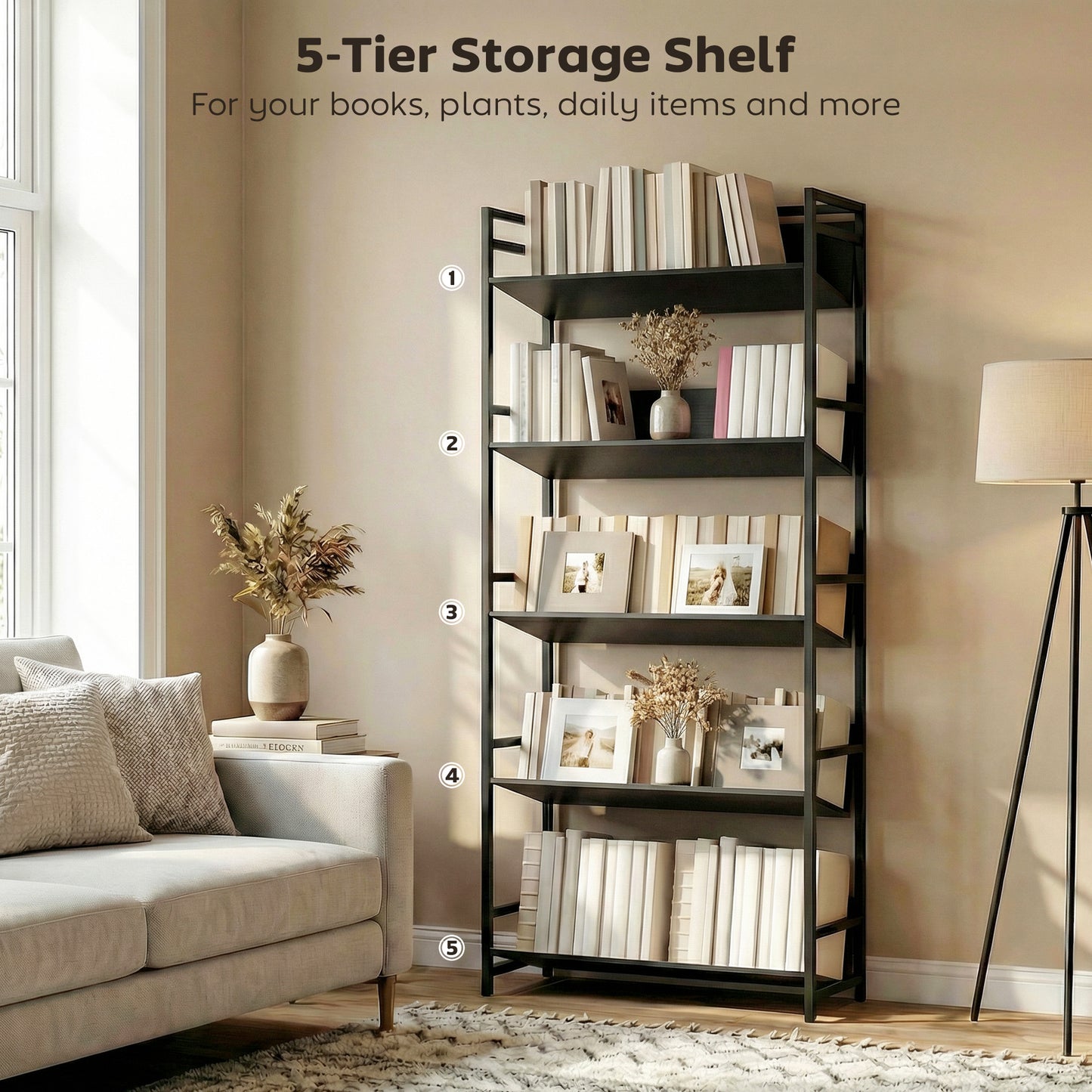 HOMCOM Bookshelf 5-Tier Metal Frame Bookcase Storage Shelves for Living Room Black