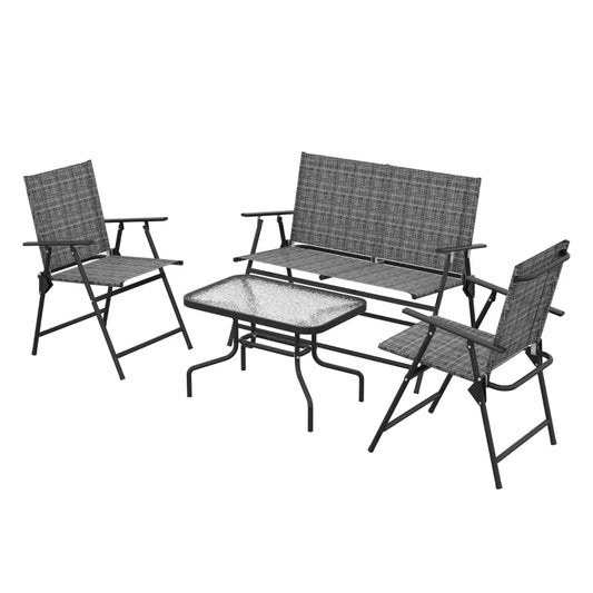 Outsunny Outdoor 4 Pieces Patio Furniture Set with Breathable Mesh Fabric Seat & Backrest, Garden Set with Two Foldable Armchairs, a Loveseat & Glass Top Table, Mixed Grey