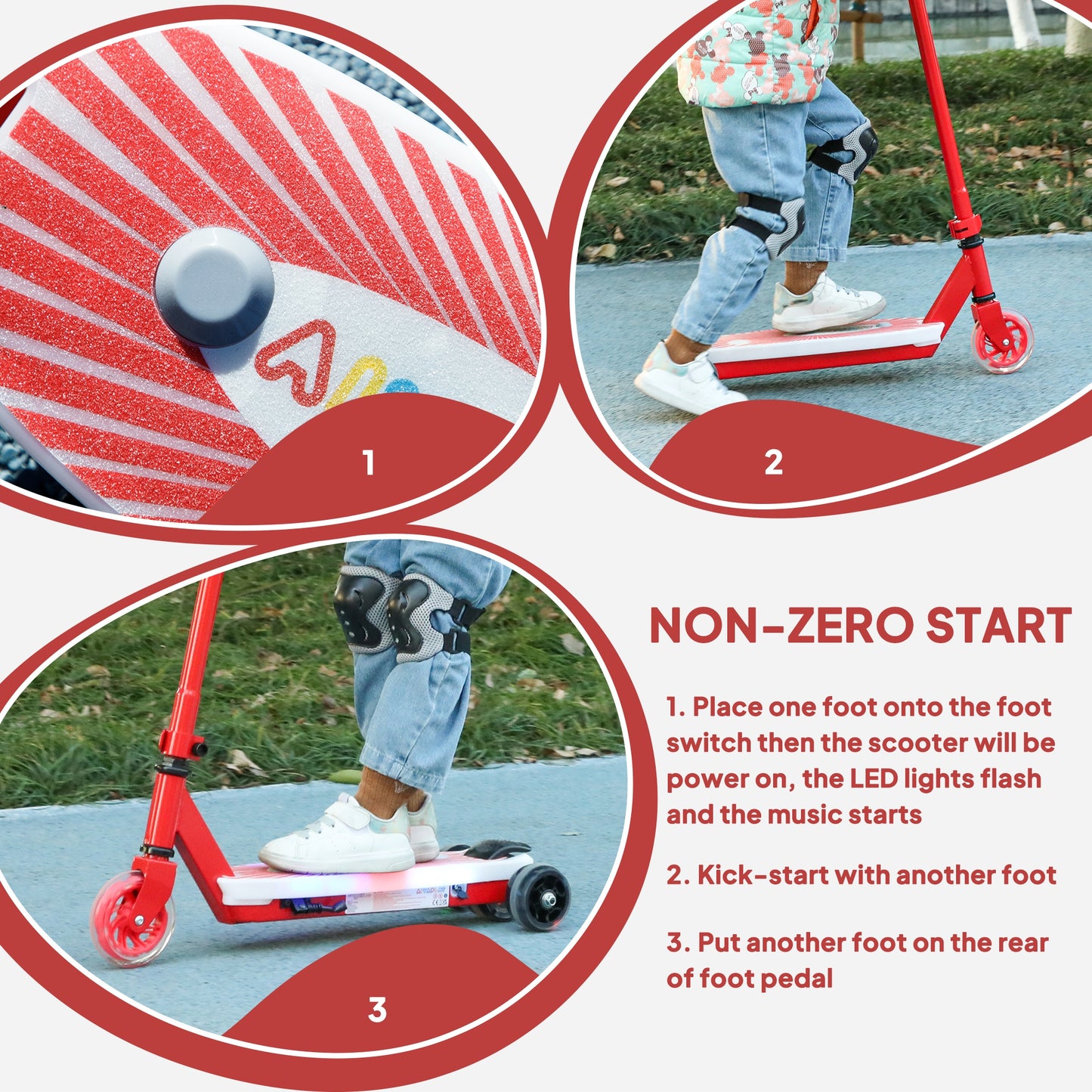 AIYAPLAY Electric Scooter for Kids Ages 4-7, Aux Rear Wheels, LED Light, Electric Brake, 6 KM/H & 8 KM, Red