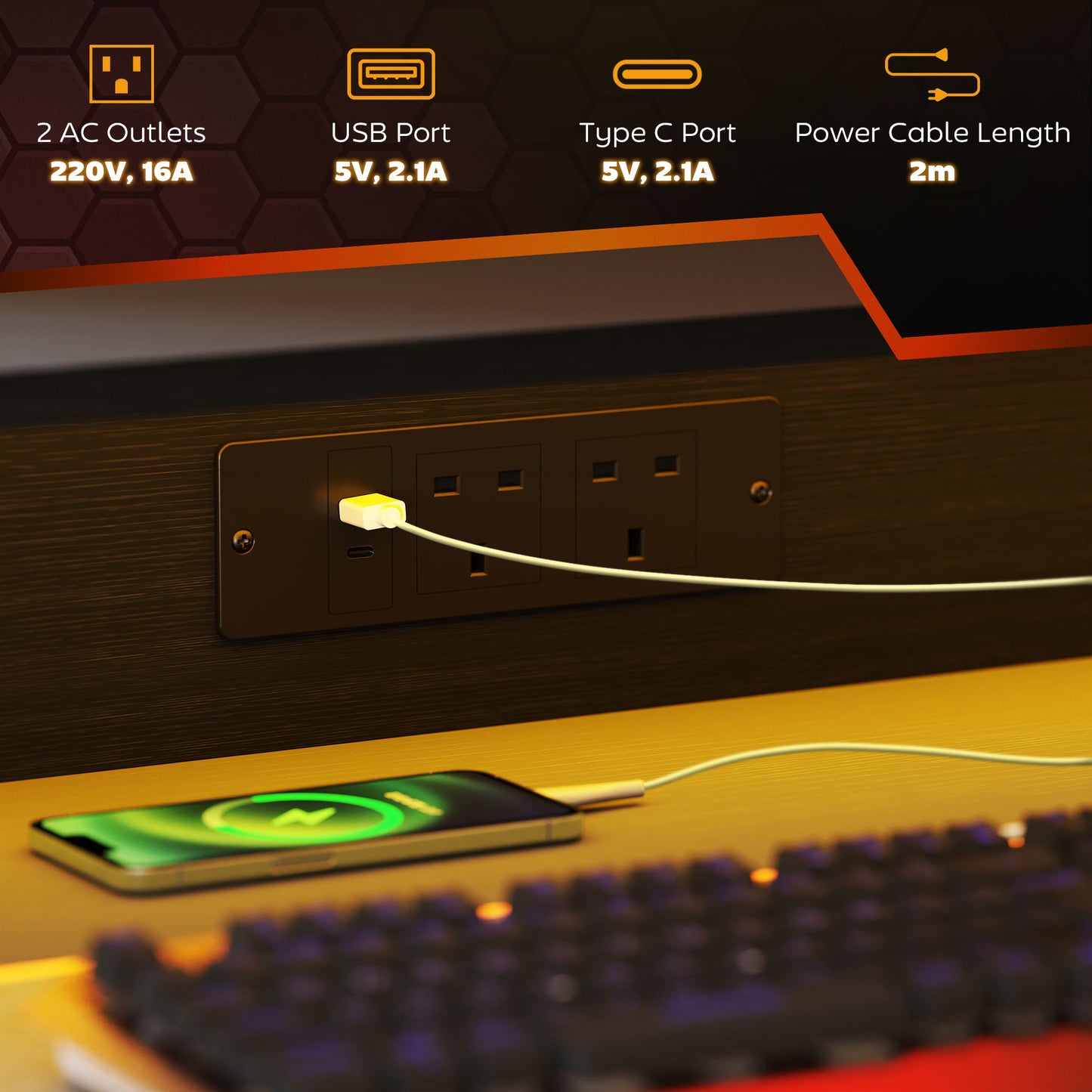 HOMCOM Gaming Desk with LED Lights, Z-Shaped Frame, Monitor Stand, Power Outlets, Black