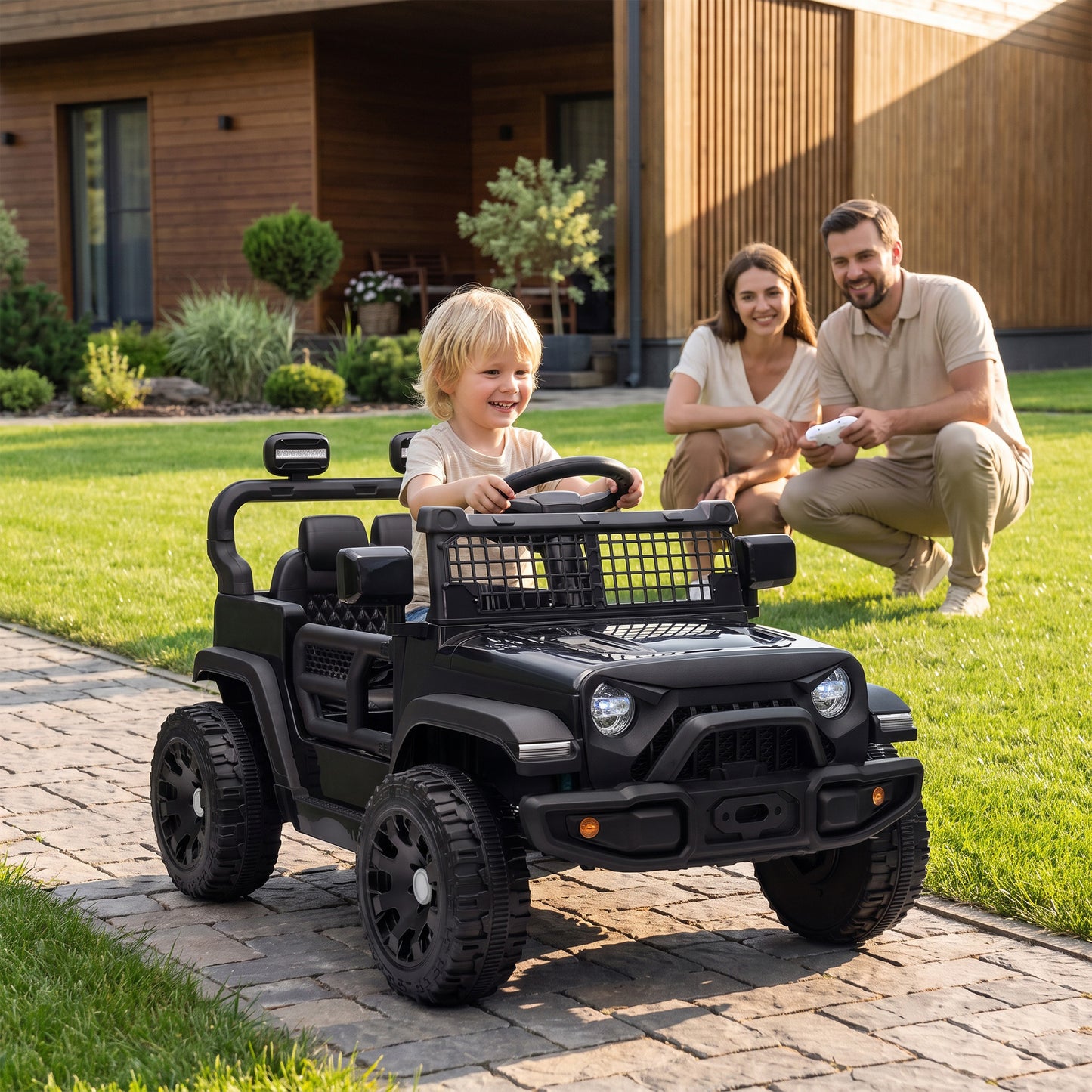 AIYAPLAY 12V Electric Car for Kids with Remote, Dual Motors, Rear Suspension, Soft Start, Music, Lights for 3-8 Years, Black